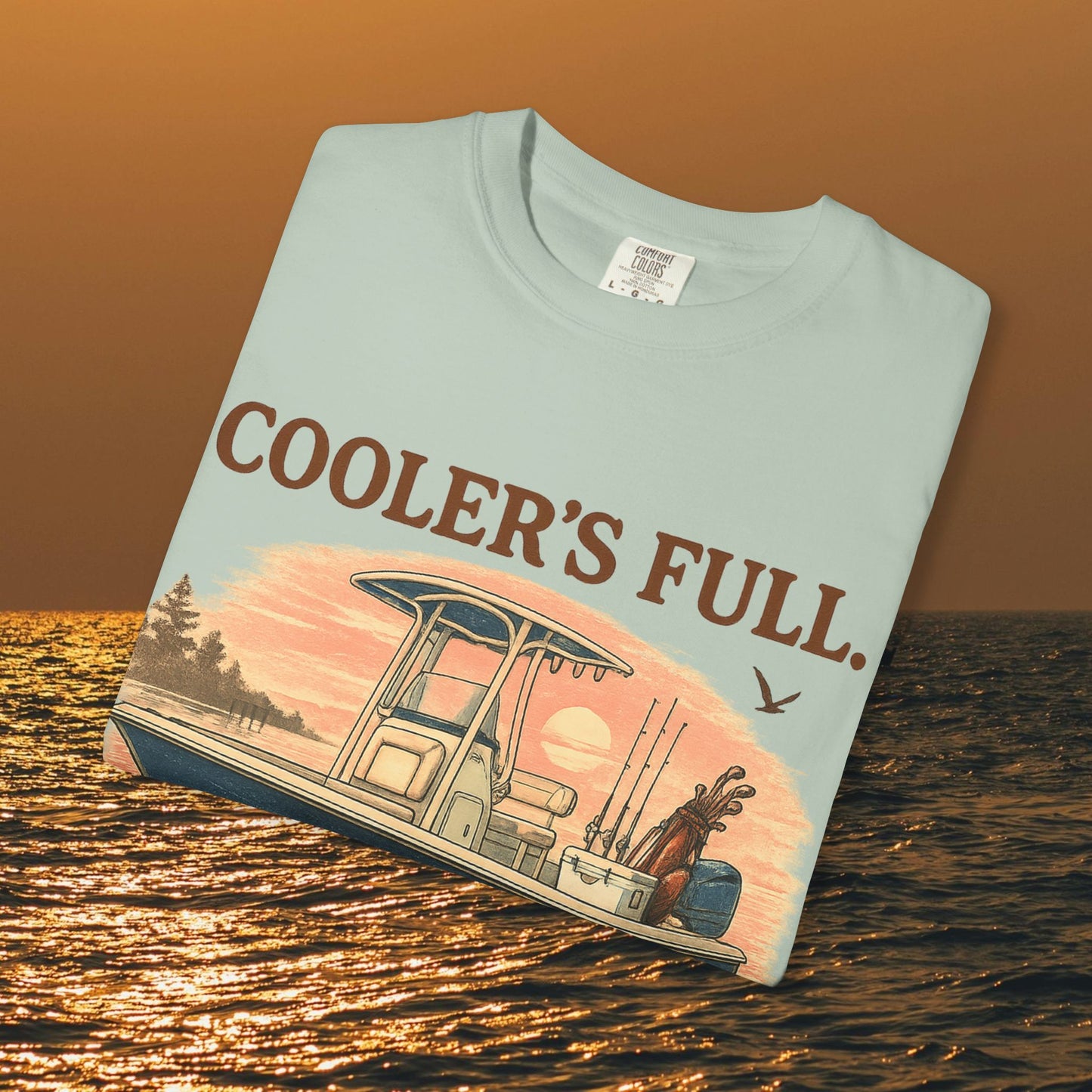 Men's & Women's Durable Cotton Full Tee in light color displaying a boat illustration with the slogan 'COOLER'S FULL.' A stylish choice for fishing adventures.
