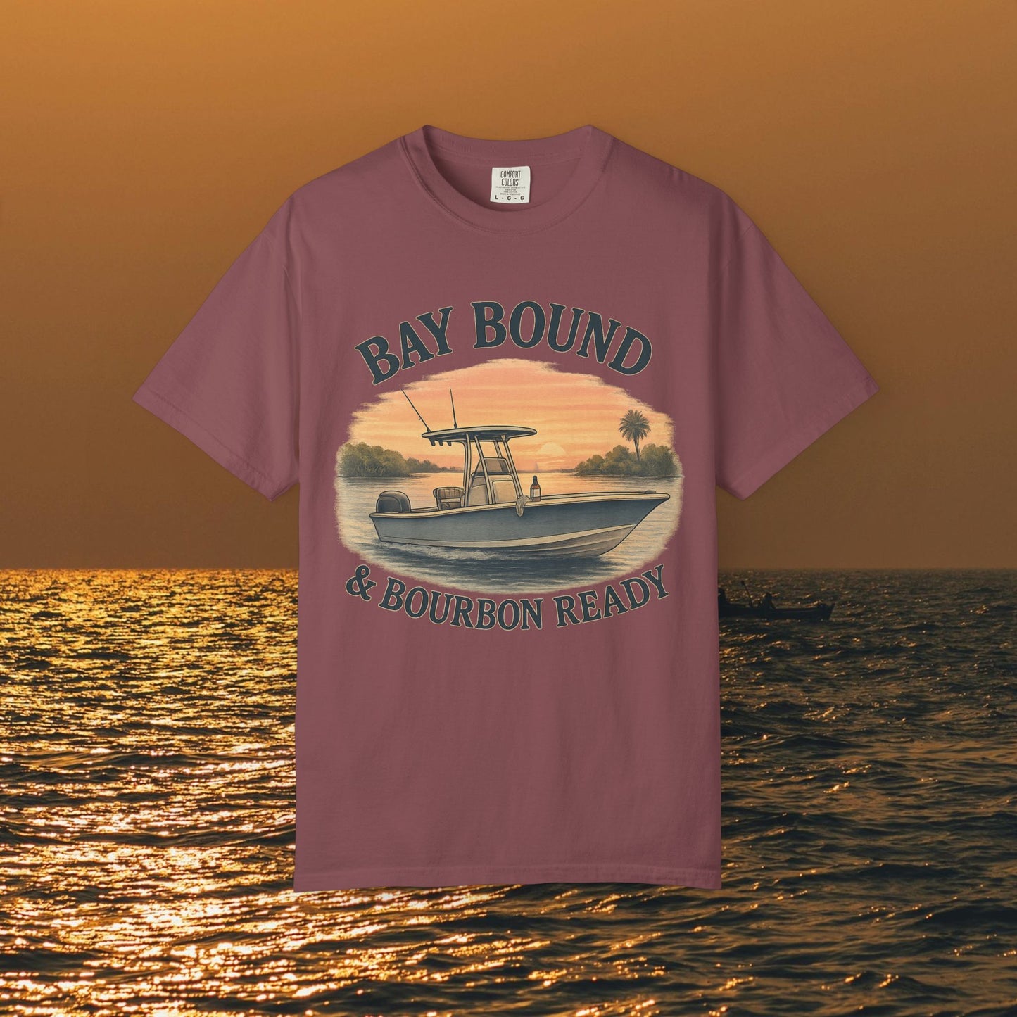 Bay Bound T-Shirt for Summer in mauve color, featuring a boat print, ideal for fishing and beach lovers.