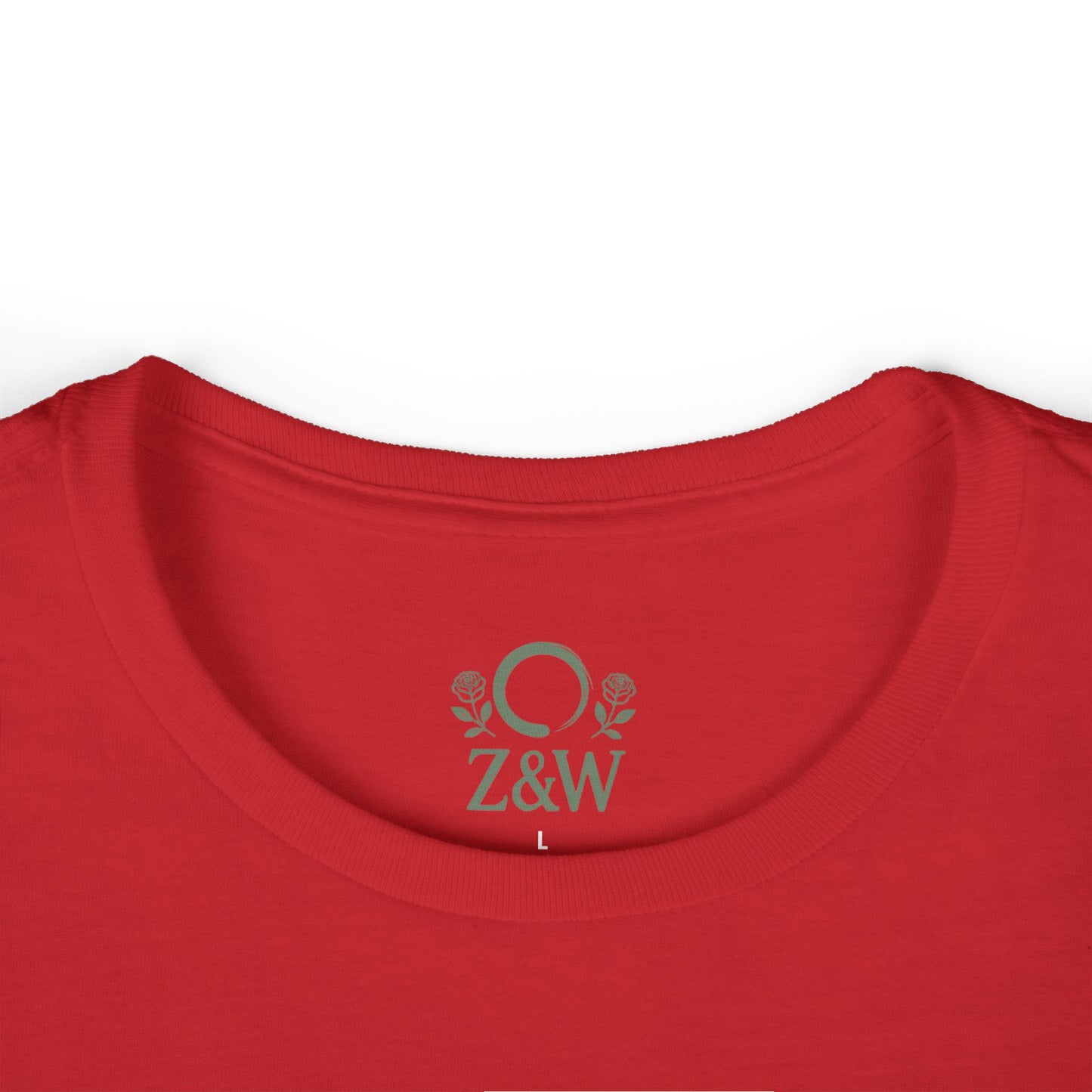 Close-up of the neckline on a red cozy Plant Guitar sweatshirt, displaying the Z&W logo - an elegant detail on an ethically produced apparel.