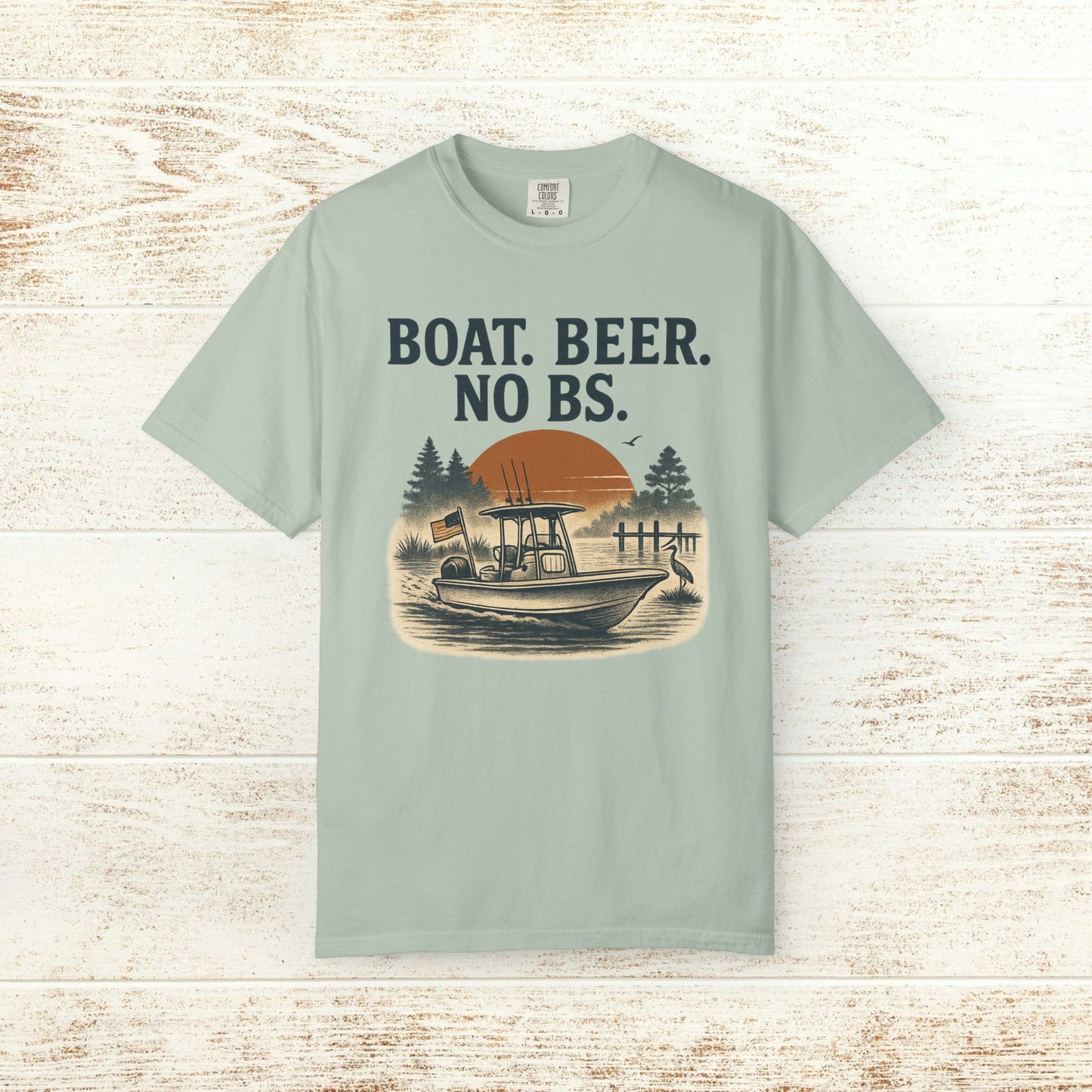 Boat Beer No BS Tee in soft mint green showcasing an illustration of a boat at sunset, ideal for summer adventures and outdoor enthusiasts.