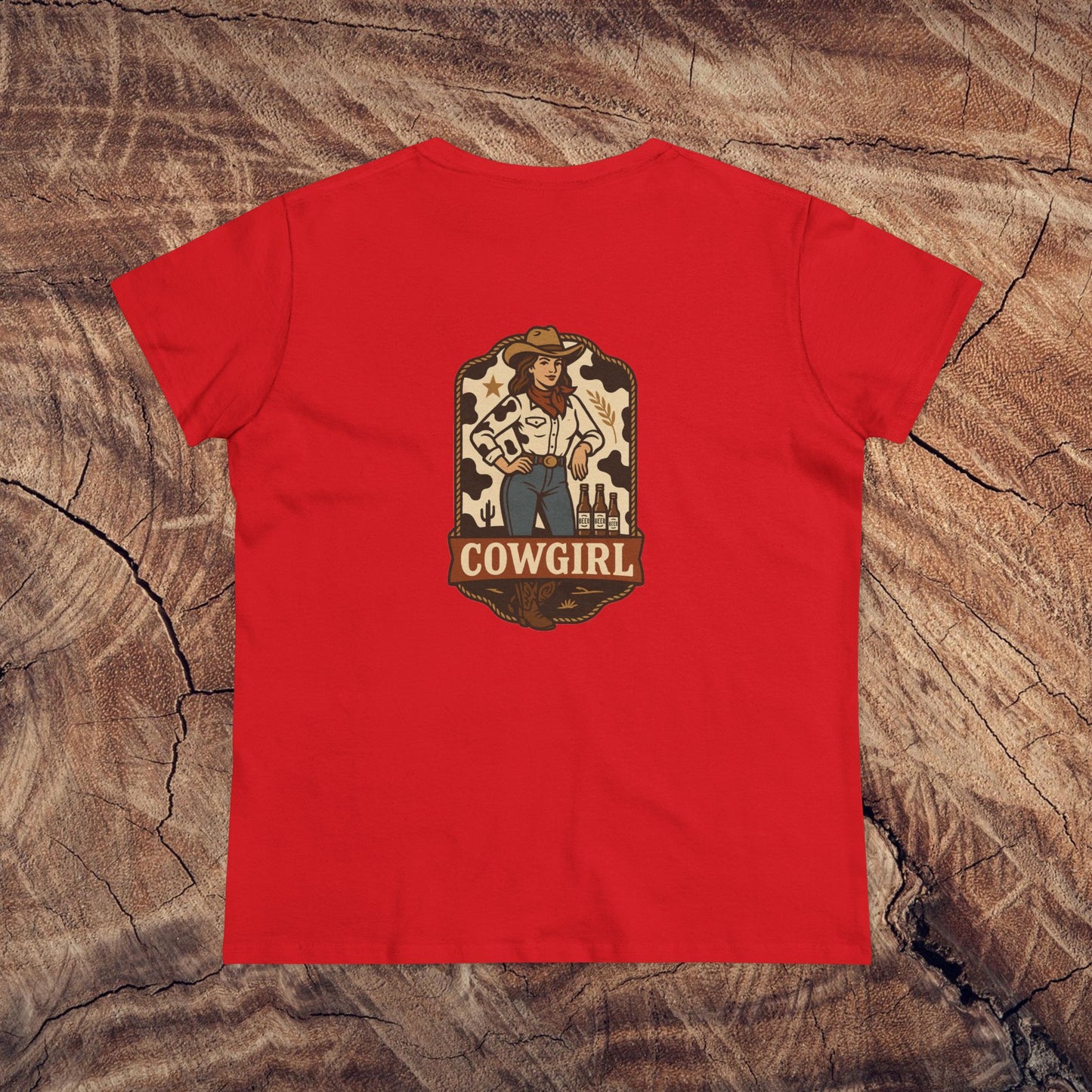 Country Roots Cowgirl Tee in bold red, showcasing a vintage cowgirl graphic, ideal for a trendy western look.