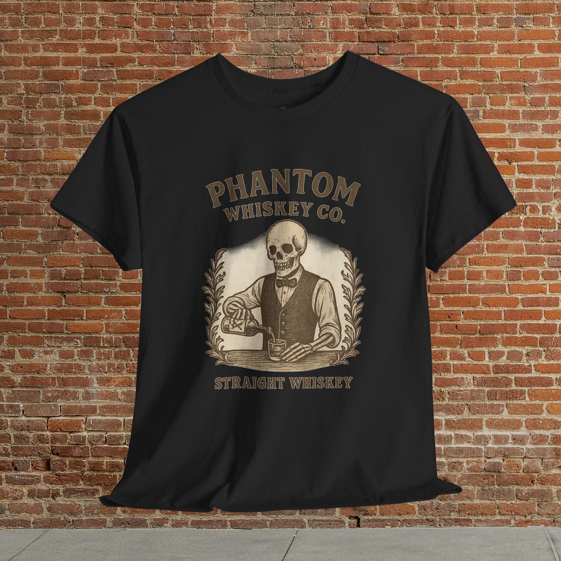 Vintage Skull Whiskey Lover Unisex Tee - Retro Casual Party Shirt in black featuring a vintage skeleton whiskey graphic, perfect for whiskey lovers and Halloween.