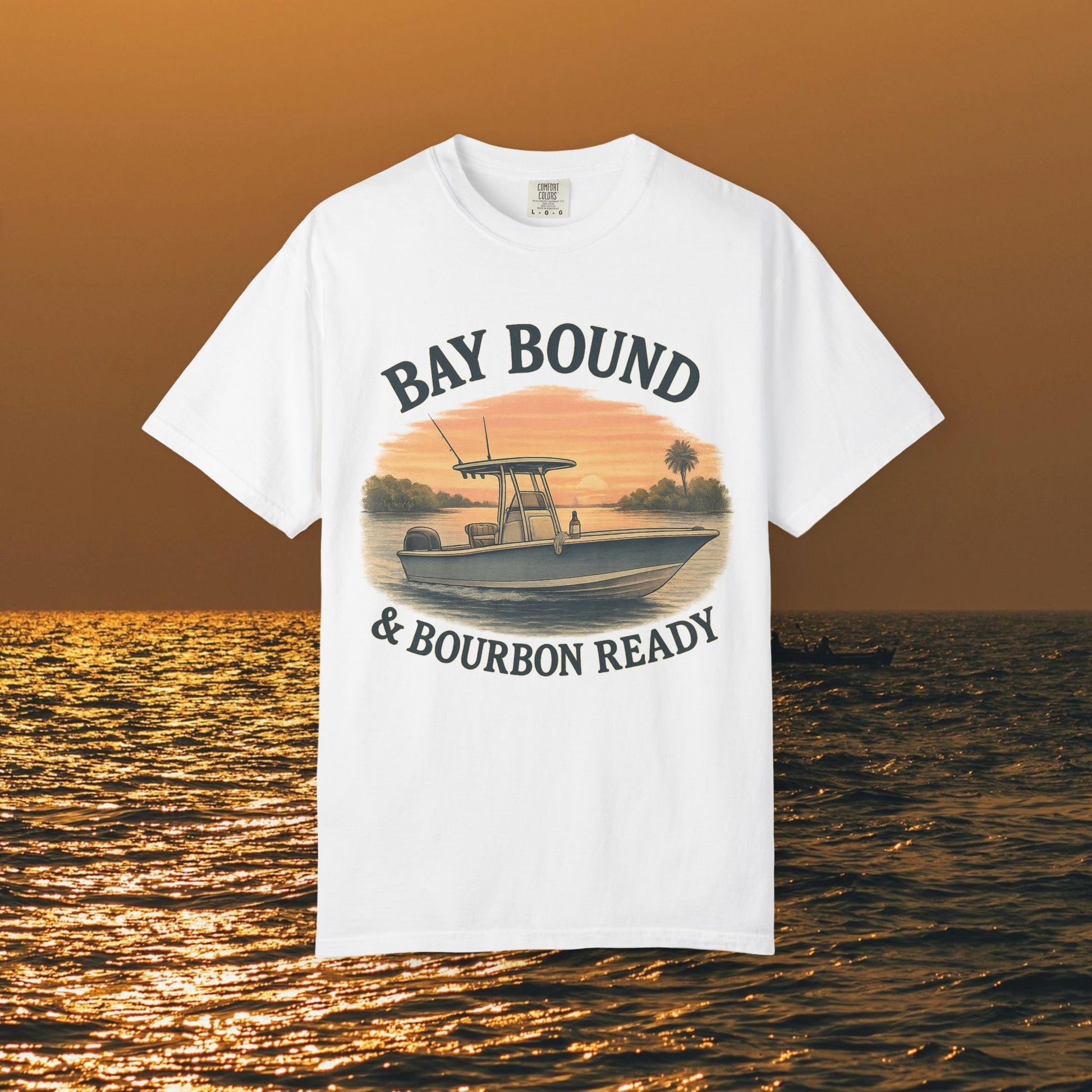 Bay Bound T-Shirt for Summer in white, displaying a boat illustration against a sunset, a comfortable choice for fishing enthusiasts and beach goers.