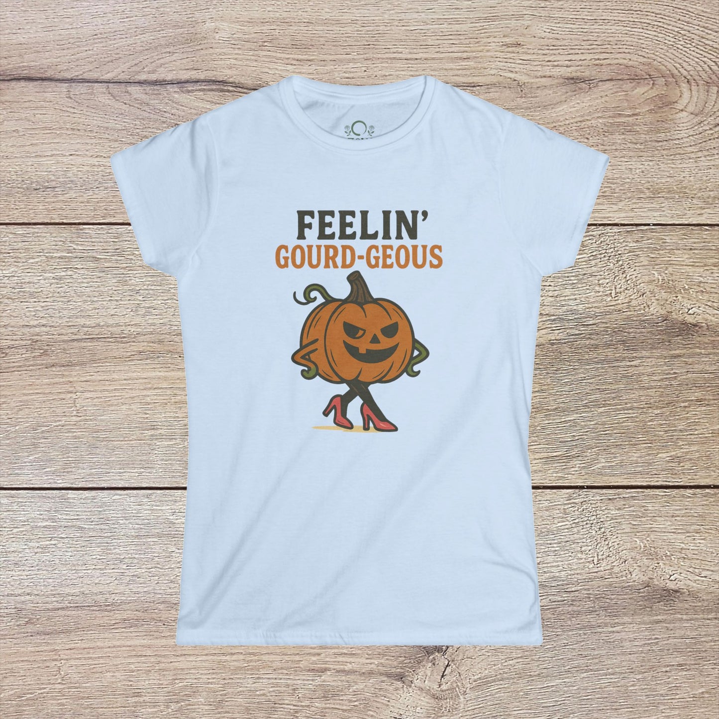 Gourd-geous Halloween Pumpkin T-Shirt in soft white, featuring a fashionable pumpkin character, perfect for unisex fall fashion and Halloween celebrations.