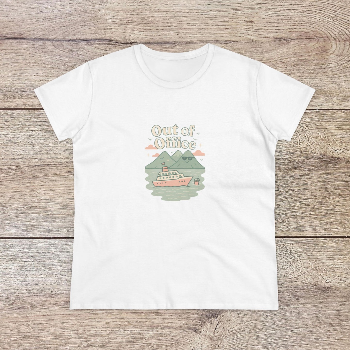 Out Of Office Cruise Tee featuring a boat and mountains design, perfect for casual wear. Made from soft cotton blend, lightweight for warm weather.