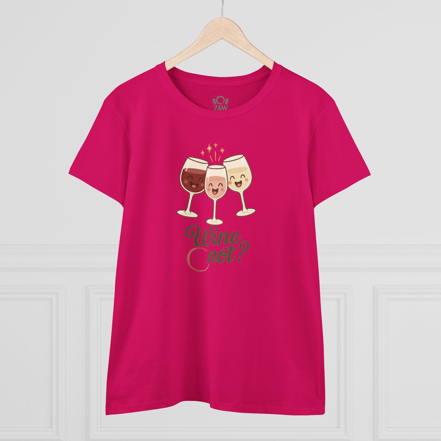 Front view of the Wine Not Tee in pink with a cheerful illustration of wine glasses and the phrase 'Wine Not?', perfect for wine lovers and casual outings.