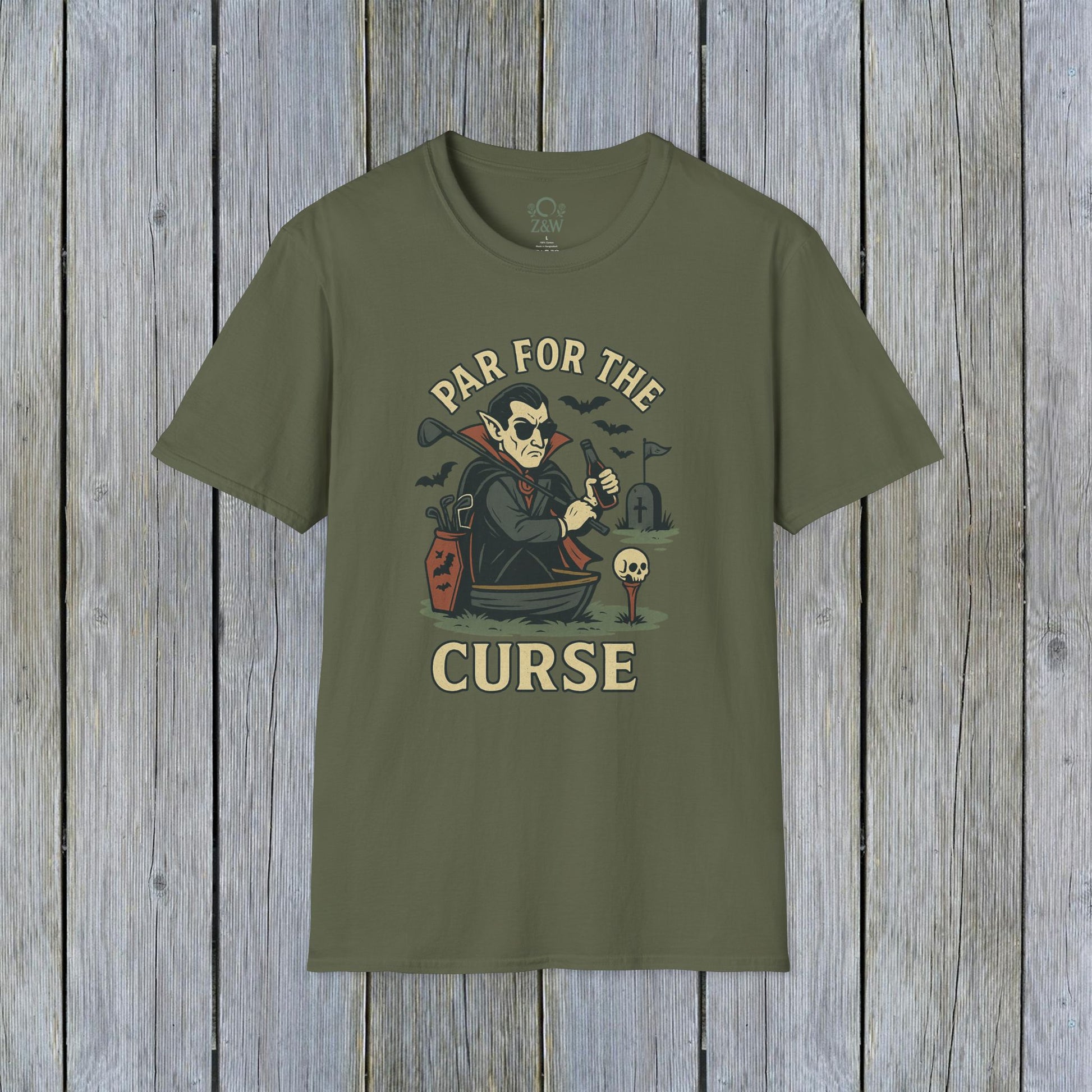 Funny Halloween Unisex T-Shirt with 'Par For The Curse' graphic in rich olive green, making it a great addition to your spooky fall wardrobe.