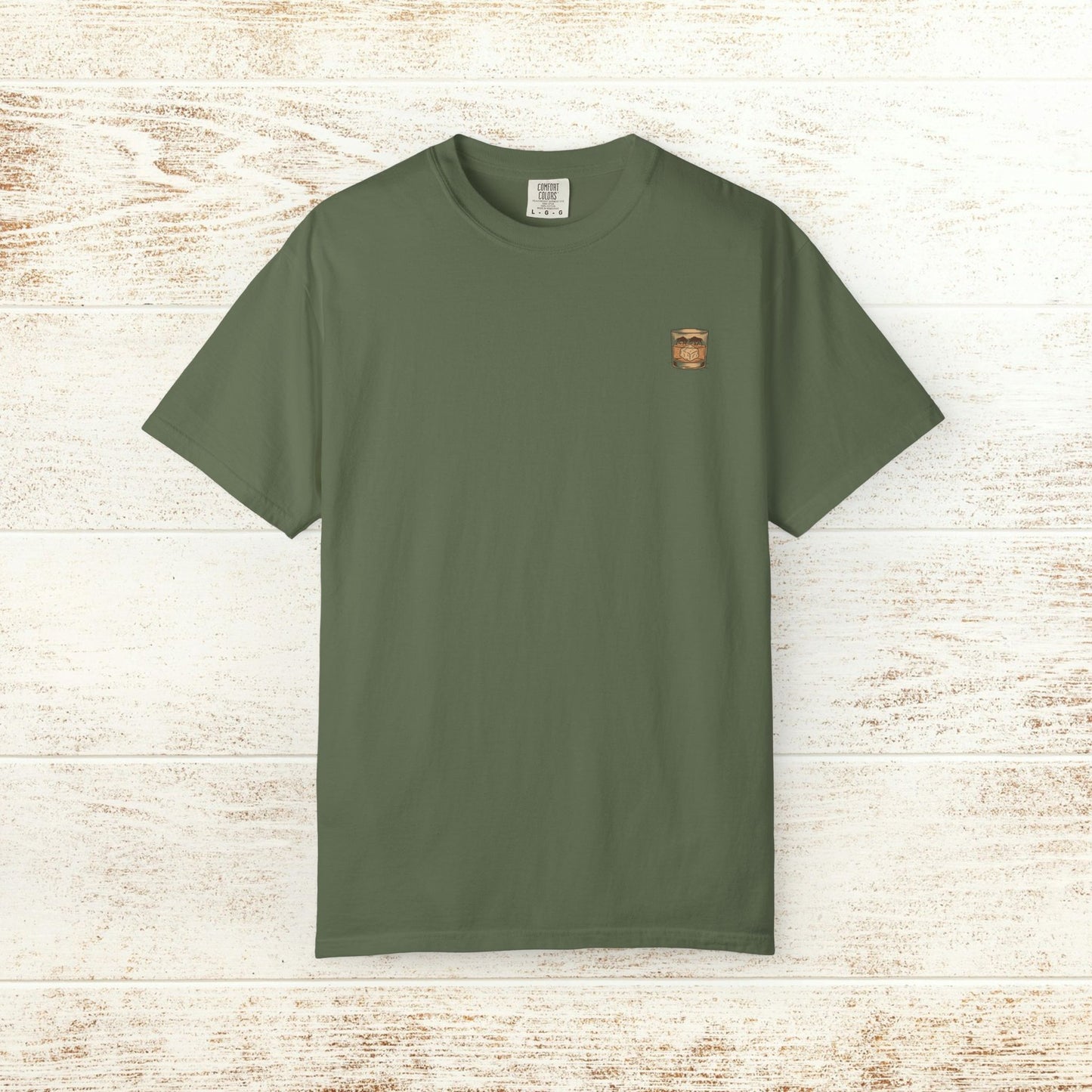Rodeo On The Rocks Tee in olive green, made with soft 100% US cotton, showcasing a unique garment-dyed look, ideal for any casual occasion, available in sizes S to 4XL.