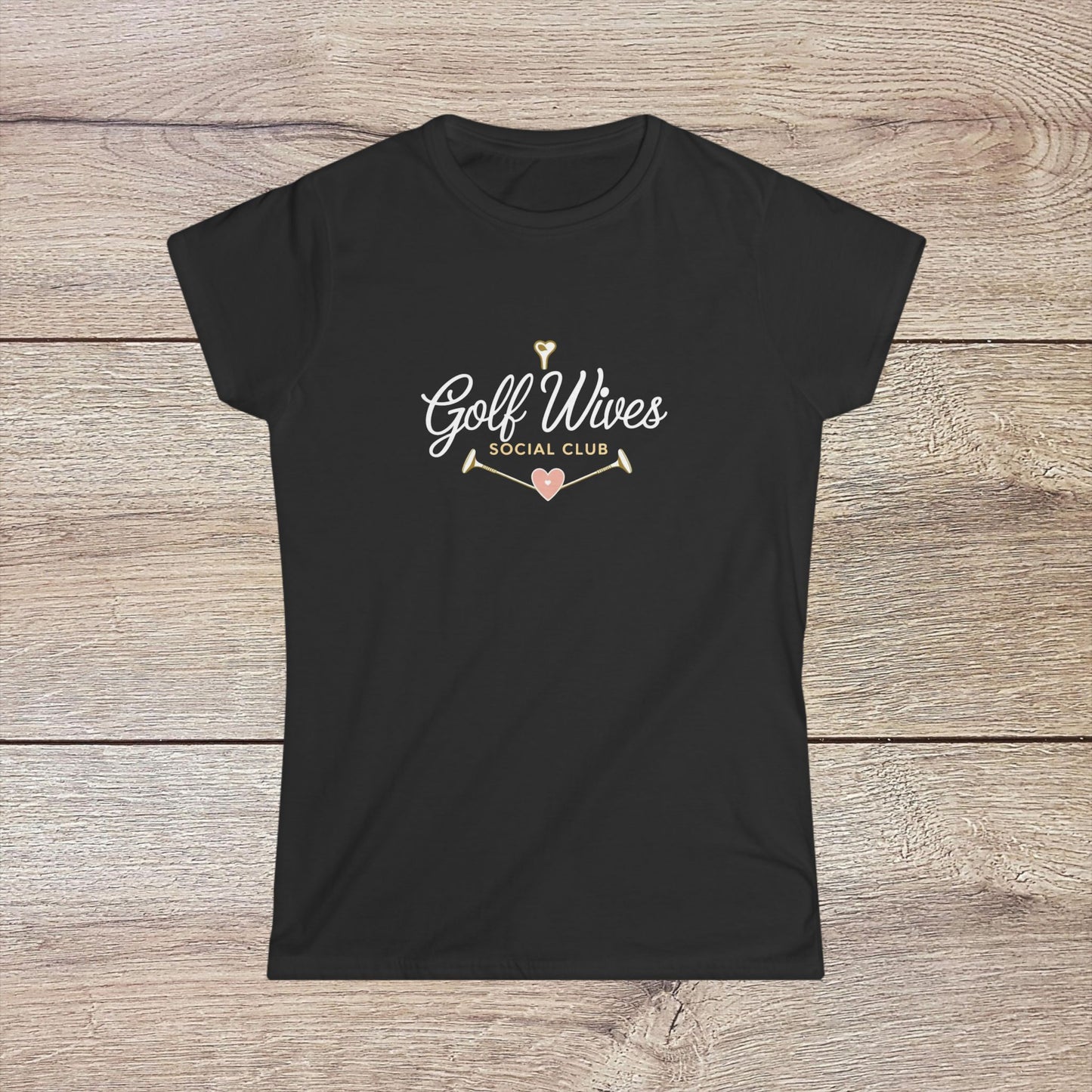 Golf Wives Social Club Tee in black, made of 100% ring-spun cotton, featuring a stylish logo with arrows and hearts, designed for comfort and ethical production.