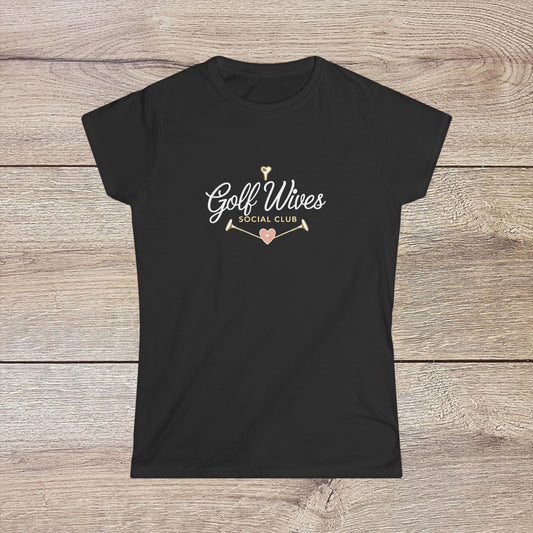 Golf Wives Social Club Tee in black, made of 100% ring-spun cotton, featuring a stylish logo with arrows and hearts, designed for comfort and ethical production.