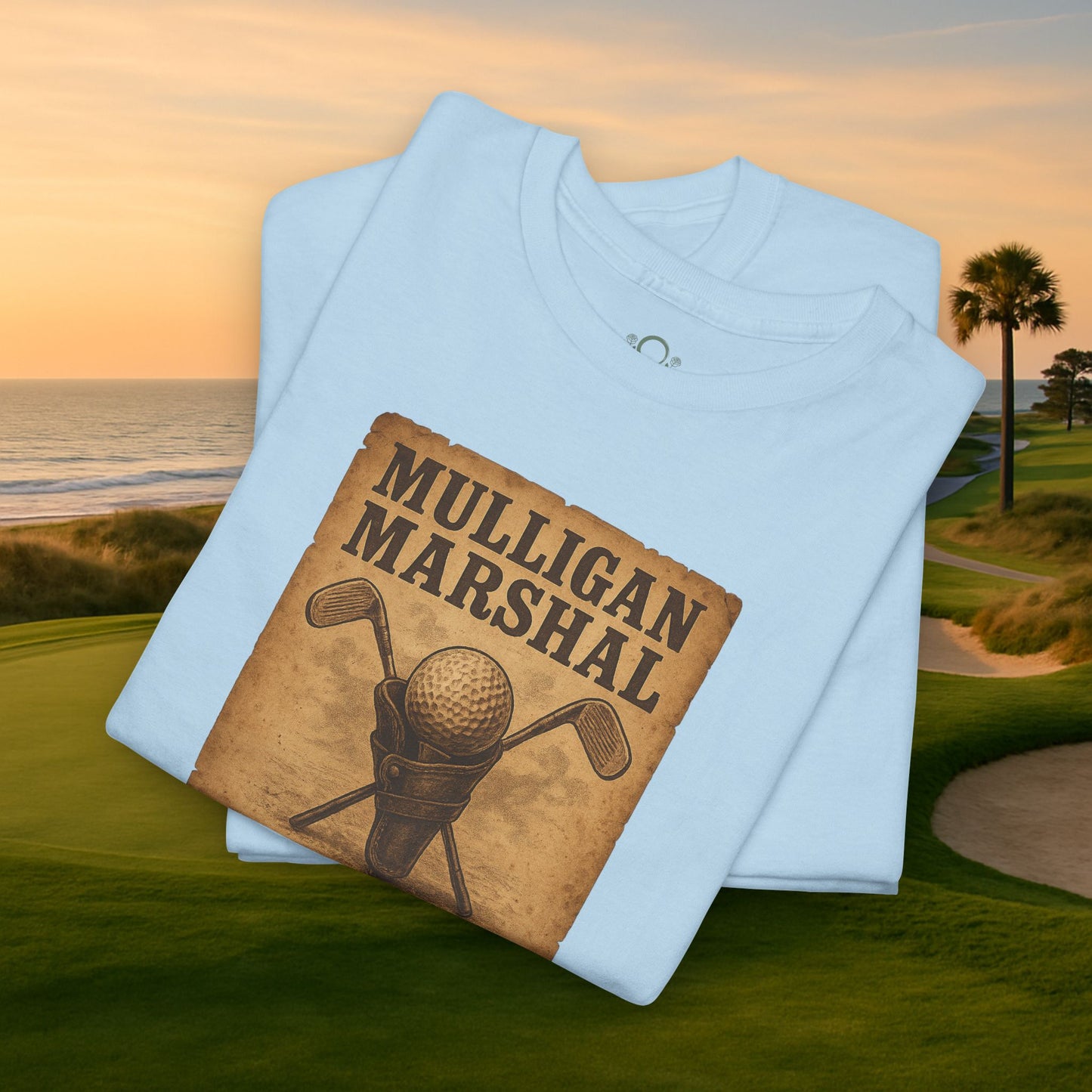 Funny Mulligan Marshal Wanted Golf Tee Shirt in light blue, perfect for casual summer wear for golf lovers on the course.