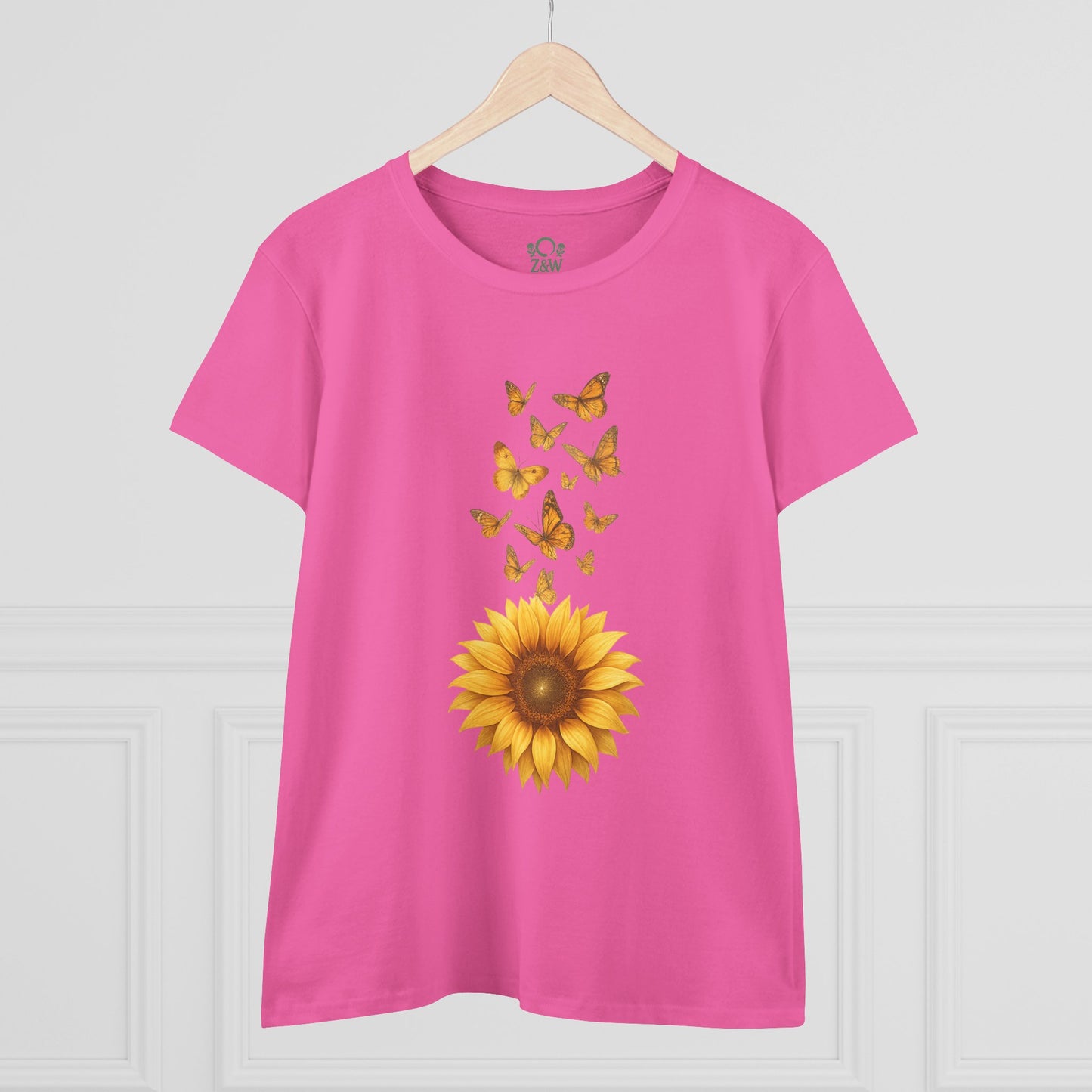Front view of the Sunflower & Butterflies Cotton Tee for Women in bright pink with a stunning sunflower and butterfly design, perfect for casual wear.