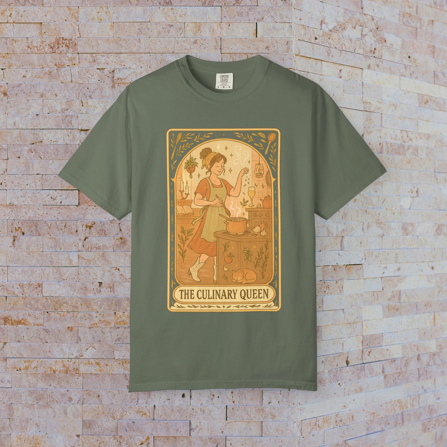 Culinary Queen Tarot Tee in olive green, displaying a delightful design of a culinary queen, available in sizes S to 4XL, made from soft, pre-shrunk cotton for comfort.