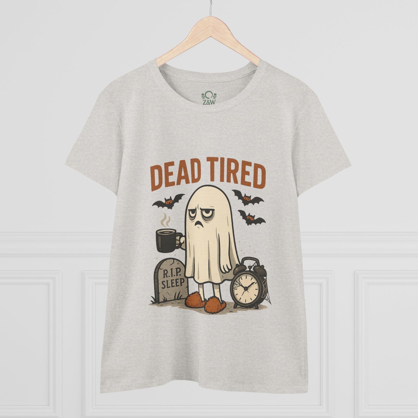 Front view of a heather grey Cute Whimsical Ghost T-Shirt for Halloween featuring a cute ghost and 'DEAD TIRED' text, perfect for a fun Halloween outfit.
