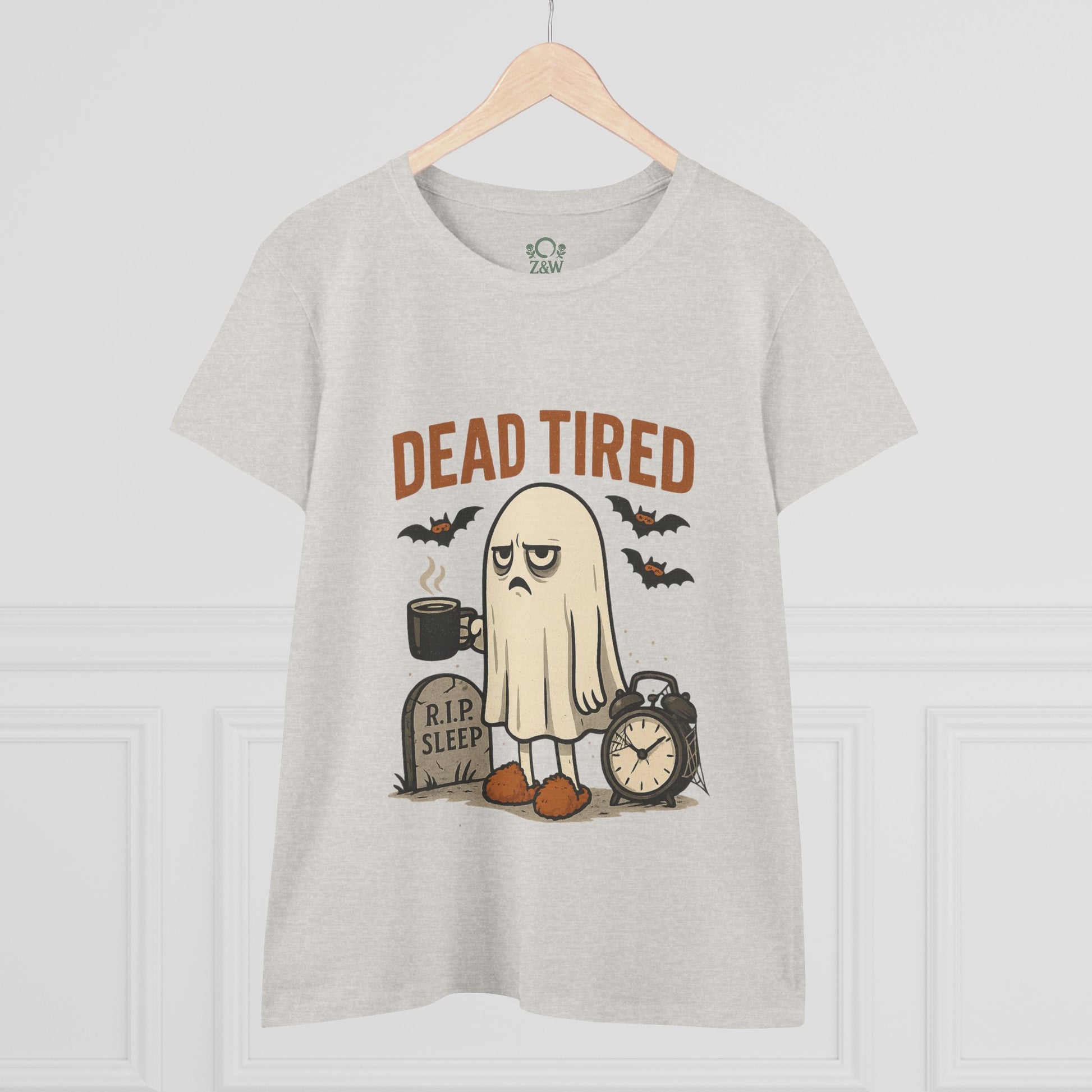 Front view of a heather grey Cute Whimsical Ghost T-Shirt for Halloween featuring a cute ghost and 'DEAD TIRED' text, perfect for a fun Halloween outfit.