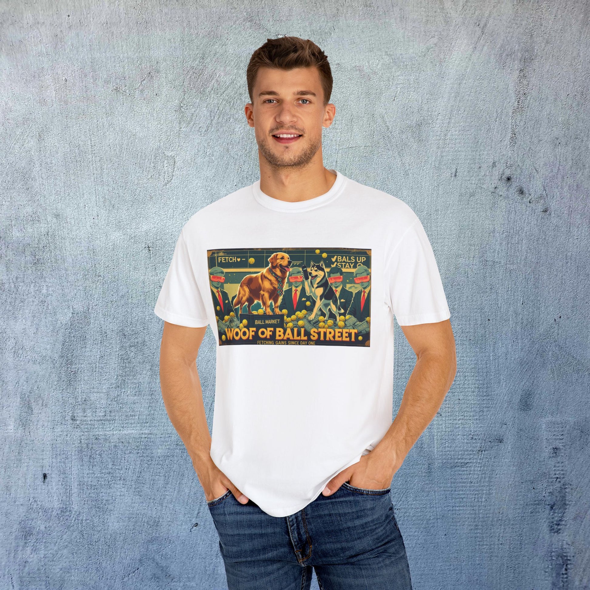 Casual model showcasing the Sleek Woof of Ball Street T-Shirt in white, featuring an eye-catching graphic design of dogs against a stock market backdrop.