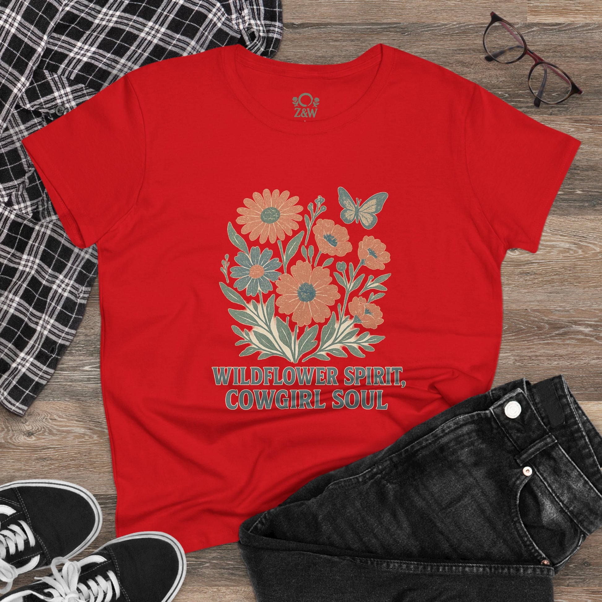 Wildflower Spirit Cotton Tee in vibrant red, featuring floral design and the text 'Wildflower Spirit, Cowgirl Soul', perfect for a casual and stylish look.