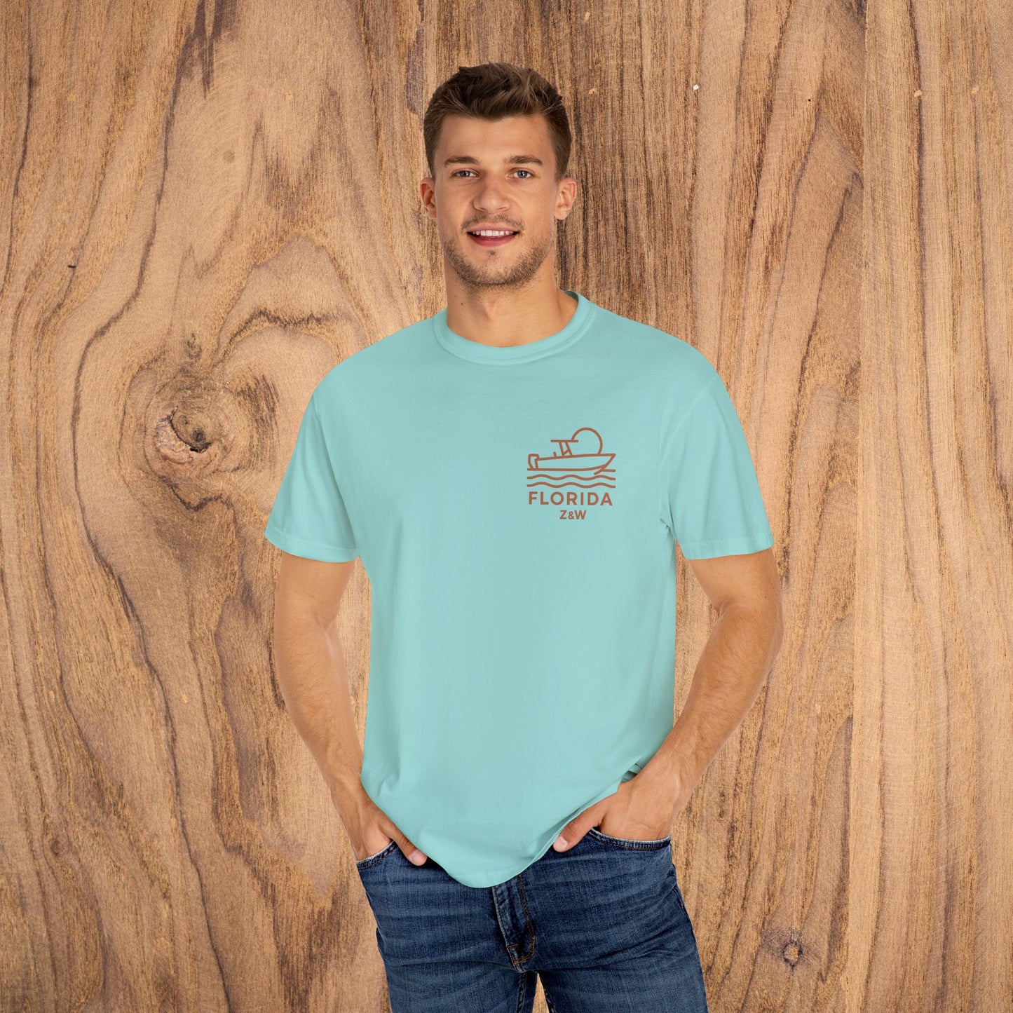 Unisex Florida Graphic Tee displayed on a model, featuring a vibrant turquoise color and comfortable fit, great for all-day wear.