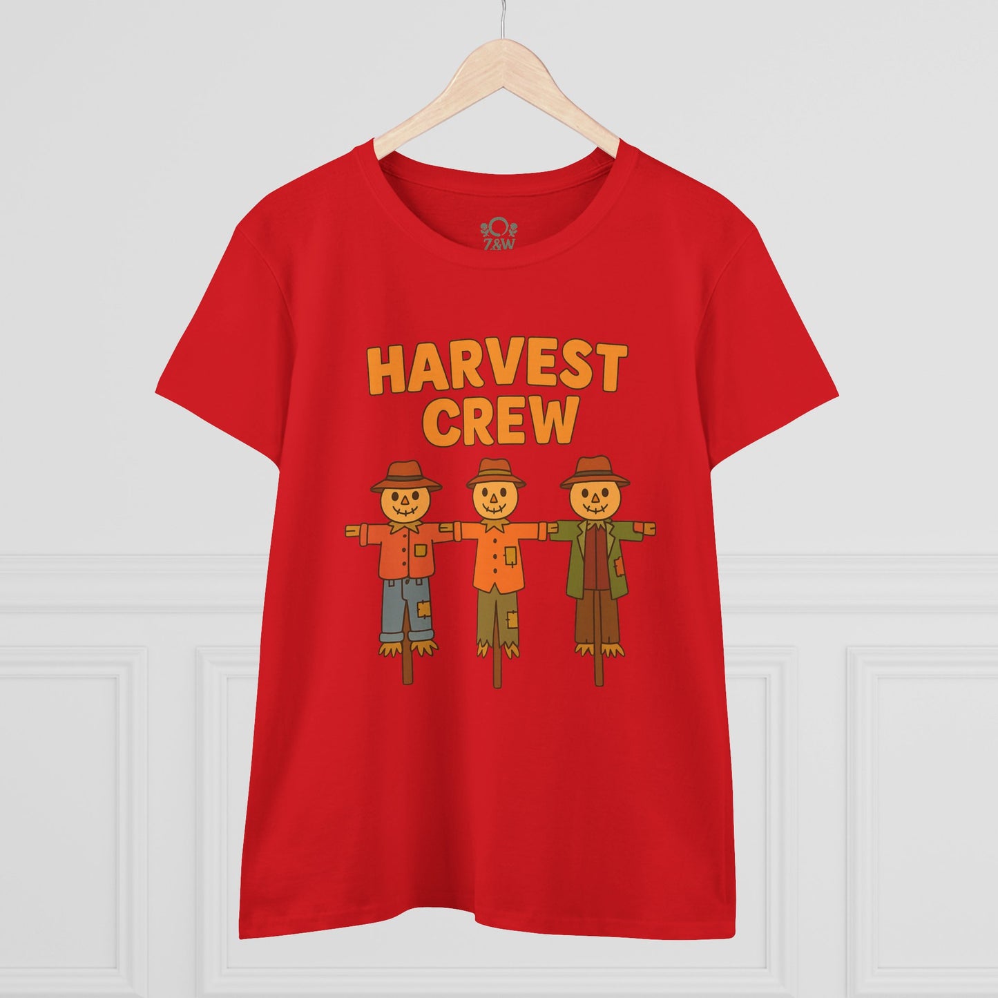 Front view of a Harvest Crew Halloween T-Shirt in red, showcasing a fun design with scarecrows, made of soft 100% ring-spun cotton, classic fit, and eco-friendly.