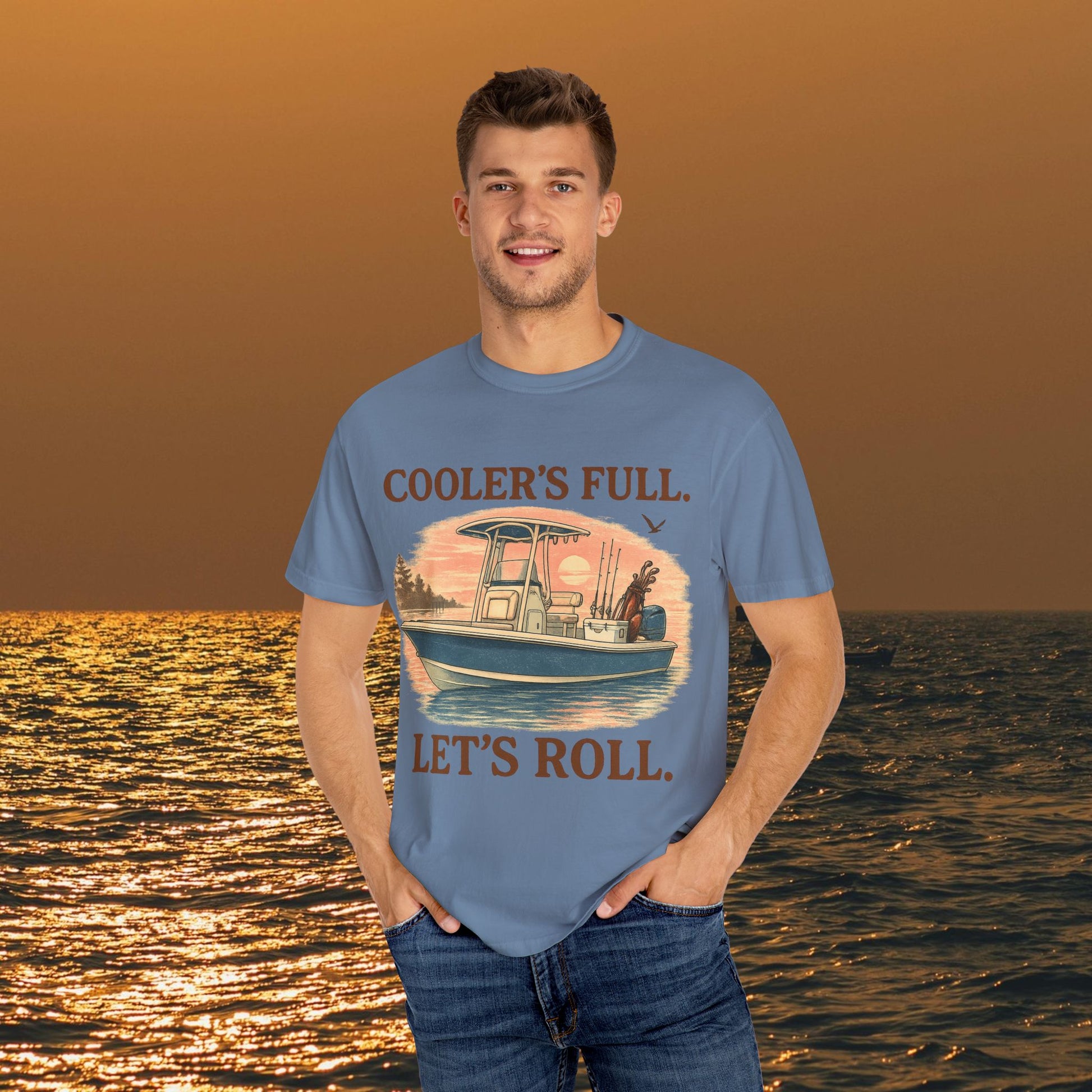 Model wearing Men's & Women's Durable Cotton Full Tee in blue, displaying the 'COOLER'S FULL. LET'S ROLL.' design, great for casual outings.