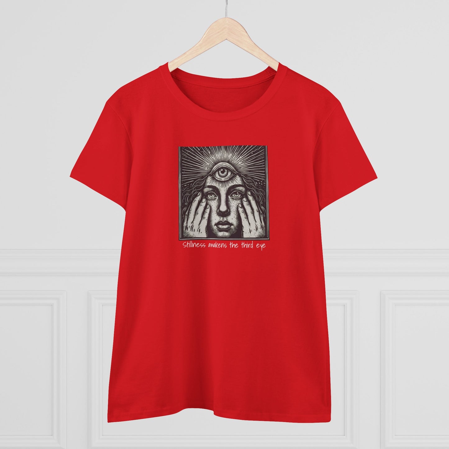 Front view of the Stylish Third Eye Graphic Tee in vibrant red, showcasing a unique graphic design with a mystical eye motif and the text 'Stillness awakens the third eye'.