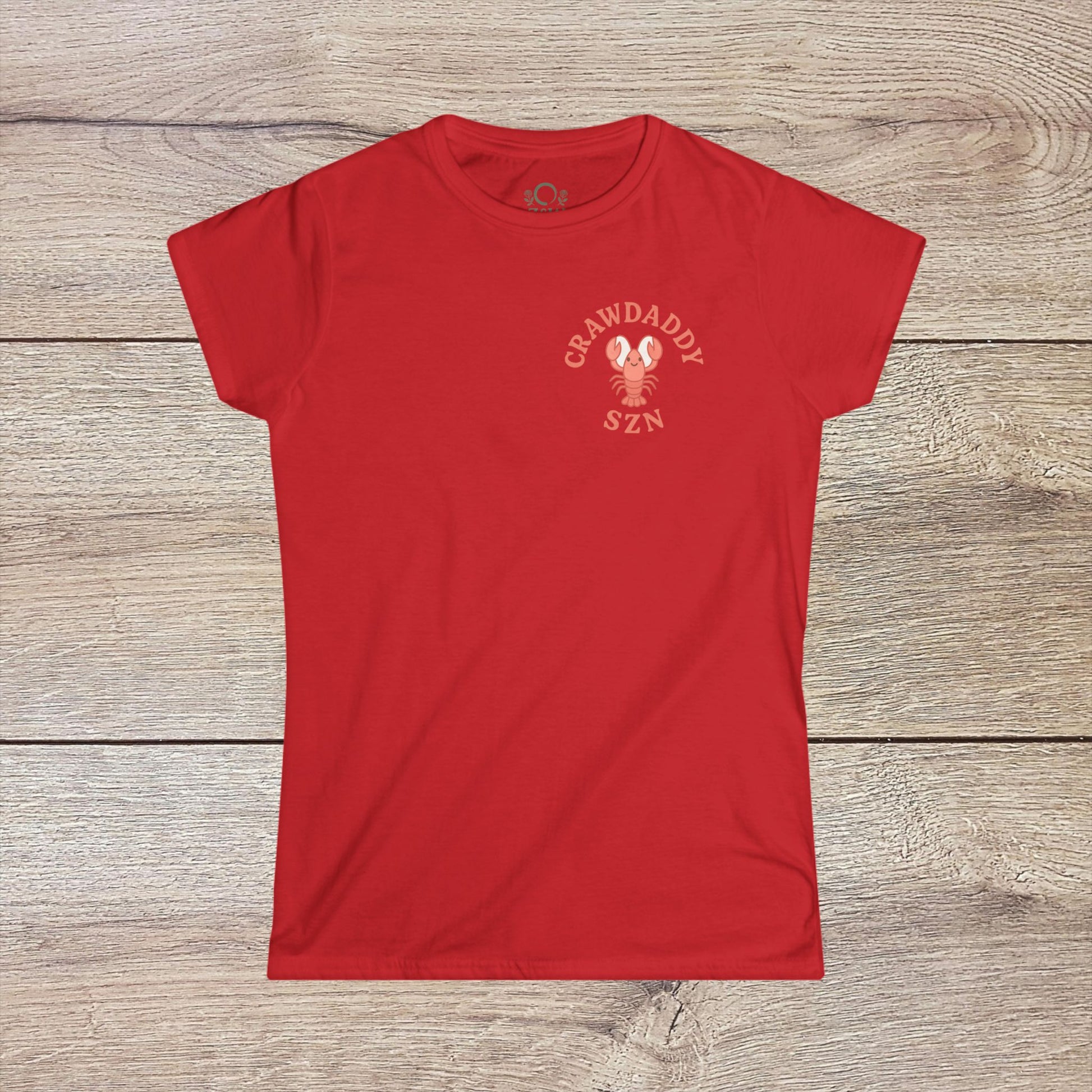 Crawfish Boil Shirt for Women in red color, designed with 'Crawdaddy SZN' logo, ideal for casual outings and seafood festivities.