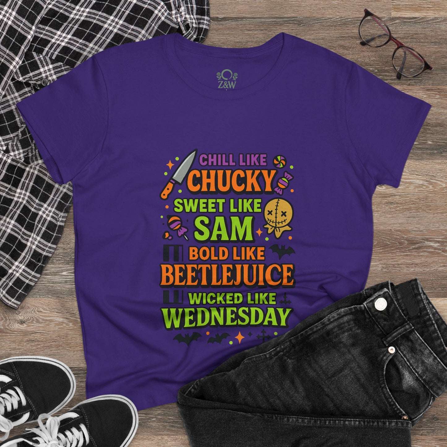 Spooktacular Horror Tee: Chill Like Chucky, Sweet Like Sam, Beetlejuice, Wednesday Addams, Halloween Shirt, Horror Fan Gift