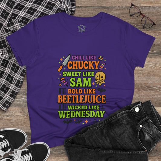 Spooktacular Horror Tee: Chill Like Chucky, Sweet Like Sam, Beetlejuice, Wednesday Addams, Halloween Shirt, Horror Fan Gift