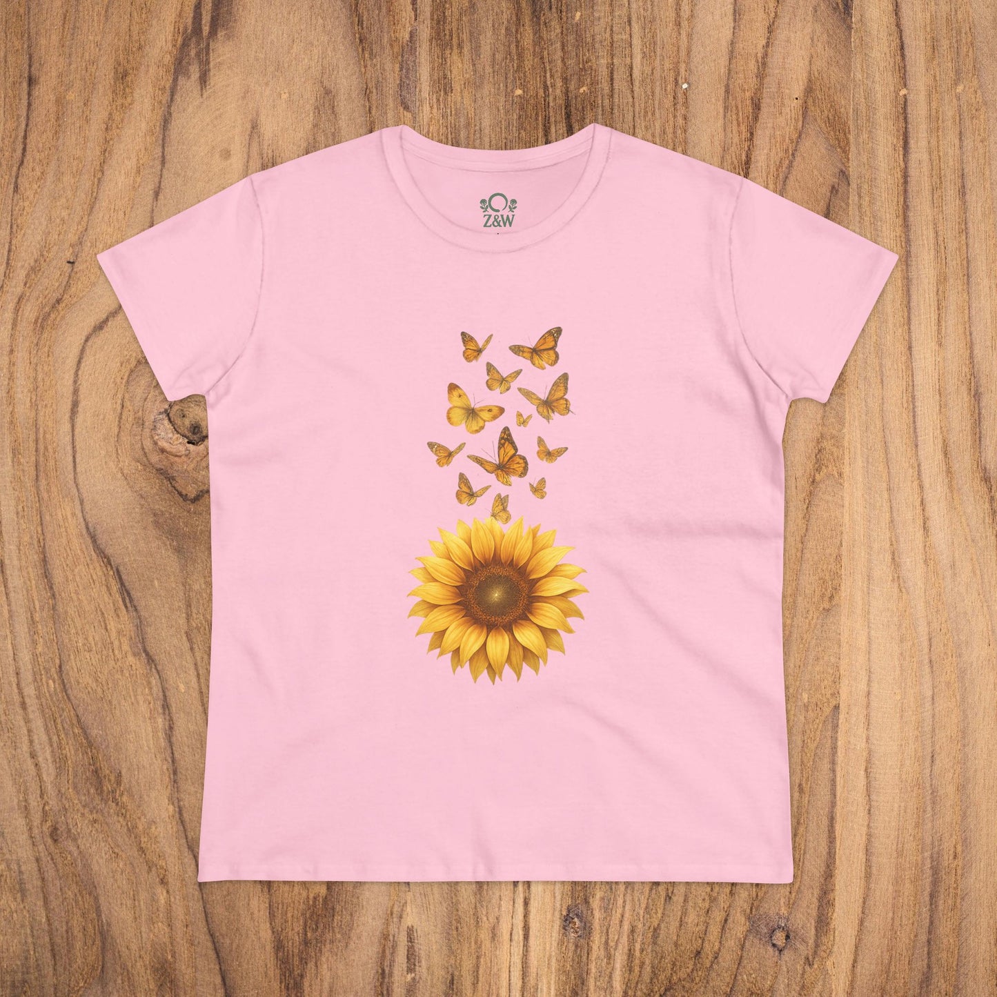Sunflower & Butterflies Cotton Tee for Women in pink, made from 100% soft cotton, featuring a vibrant sunflower and butterfly design.