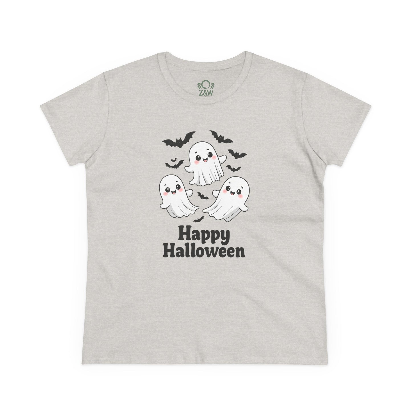 Cute Halloween Ghost T-Shirt for Kids & Adults in grey color featuring three friendly ghosts, perfect for spooky celebrations. Unisex design, soft cotton Halloween apparel.