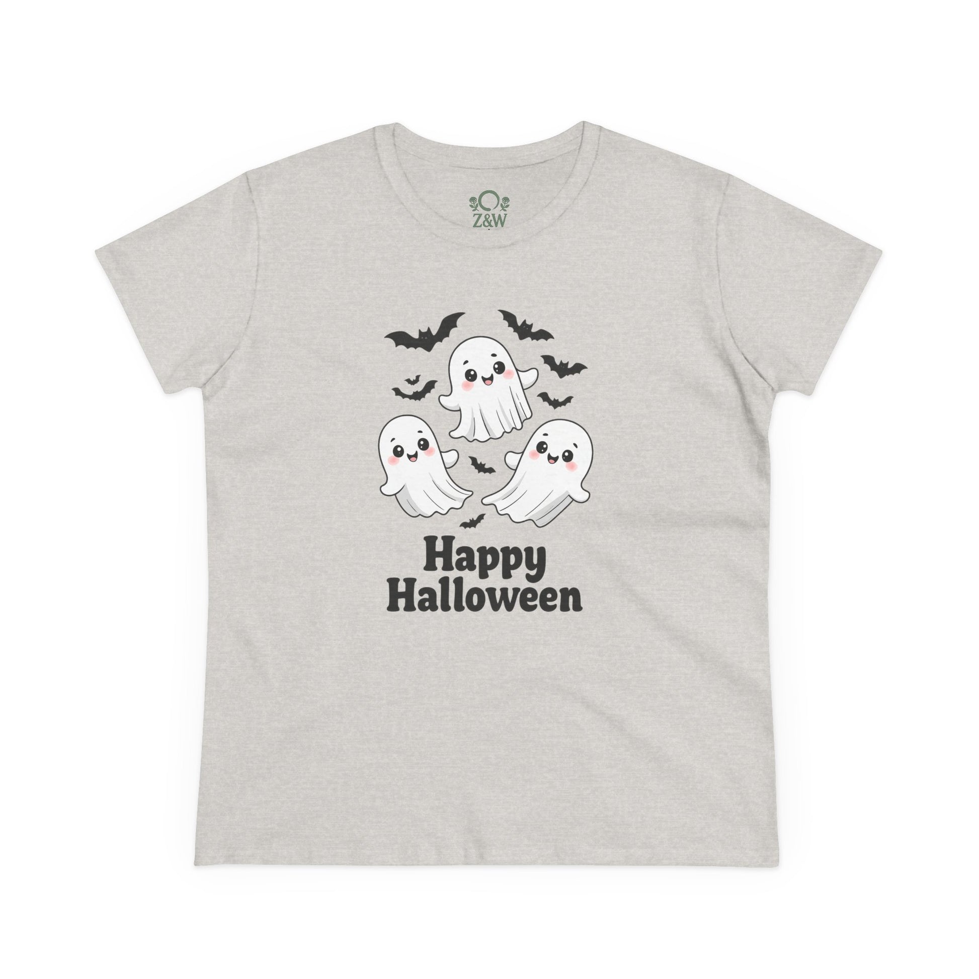 Cute Halloween Ghost T-Shirt for Kids & Adults in grey color featuring three friendly ghosts, perfect for spooky celebrations. Unisex design, soft cotton Halloween apparel.