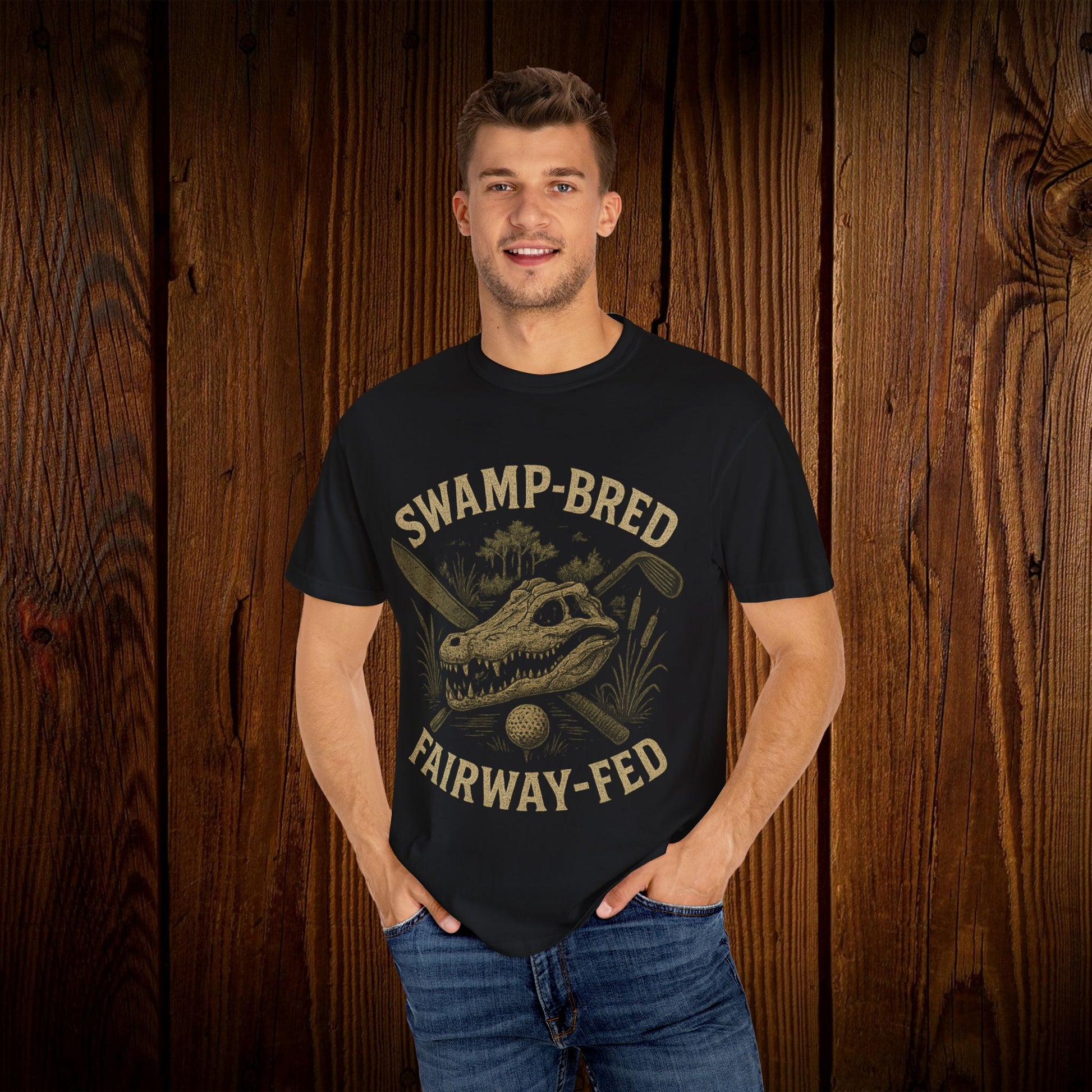 Model wearing the Unisex Swamp-Bred Fairway-Fed Tee, exemplifying the relaxed fit and unique golf-inspired design.