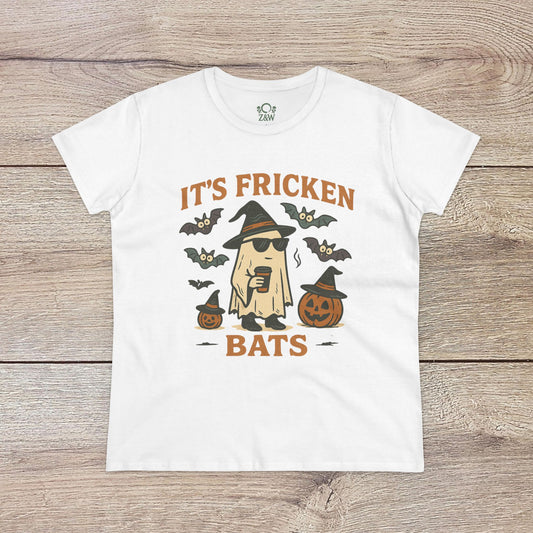 White Halloween Unisex T-Shirt with 'It's Fricken Bats' graphic showcasing a ghost, bats, and pumpkins, ideal for trick-or-treating and made from soft 100% cotton.