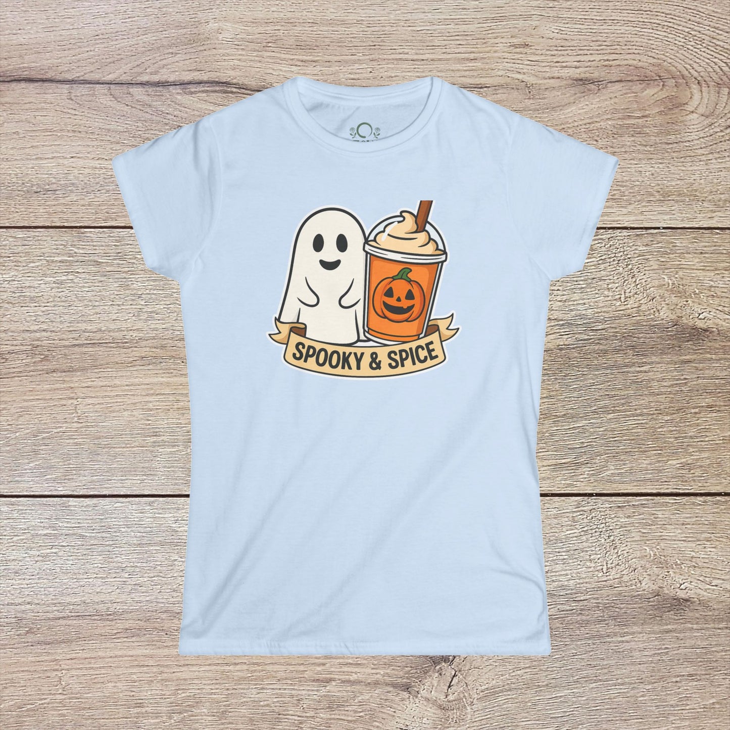 Spooky And Spice Ghost Graphic Tee in light blue color, showcasing a whimsical ghost and pumpkin spice drink design, ideal for festive occasions and casual outings.