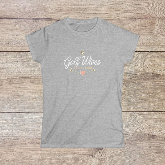 Golf Wives Social Club Tee in gray, crafted from soft, durable 100% ring-spun cotton, showcasing a chic logo with arrows and hearts, perfect for golf enthusiasts.