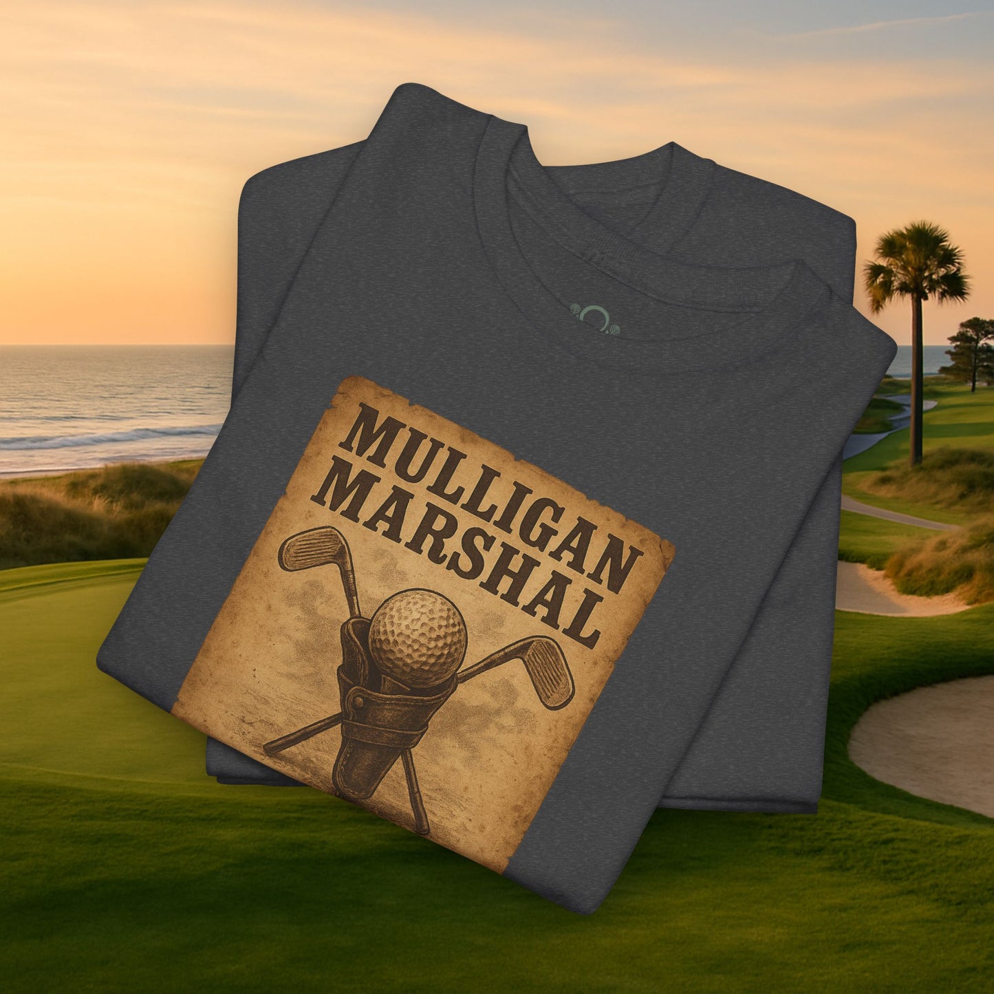 Funny Mulligan Marshal Wanted Golf Tee Shirt in stylish dark gray, ideal casual summer wear for golf enthusiasts, featuring a humorous graphic.