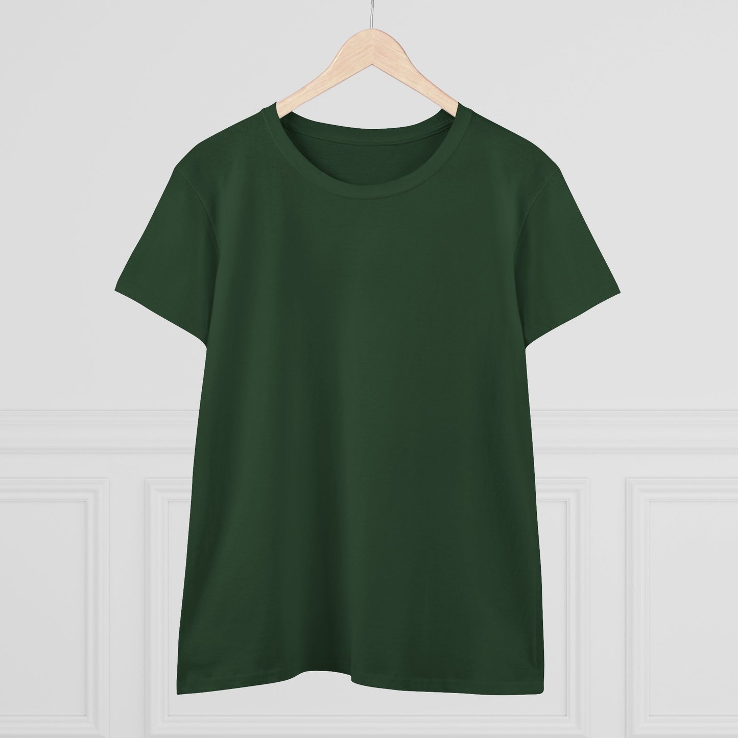 Front view of a plain dark green Unisex Dog Lover T-Shirt hung against a white backdrop, showcasing its classic style and fit.