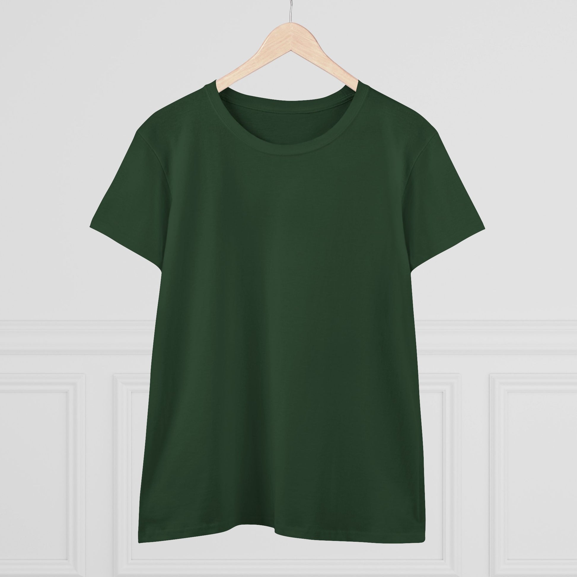 Front view of a plain dark green Unisex Dog Lover T-Shirt hung against a white backdrop, showcasing its classic style and fit.