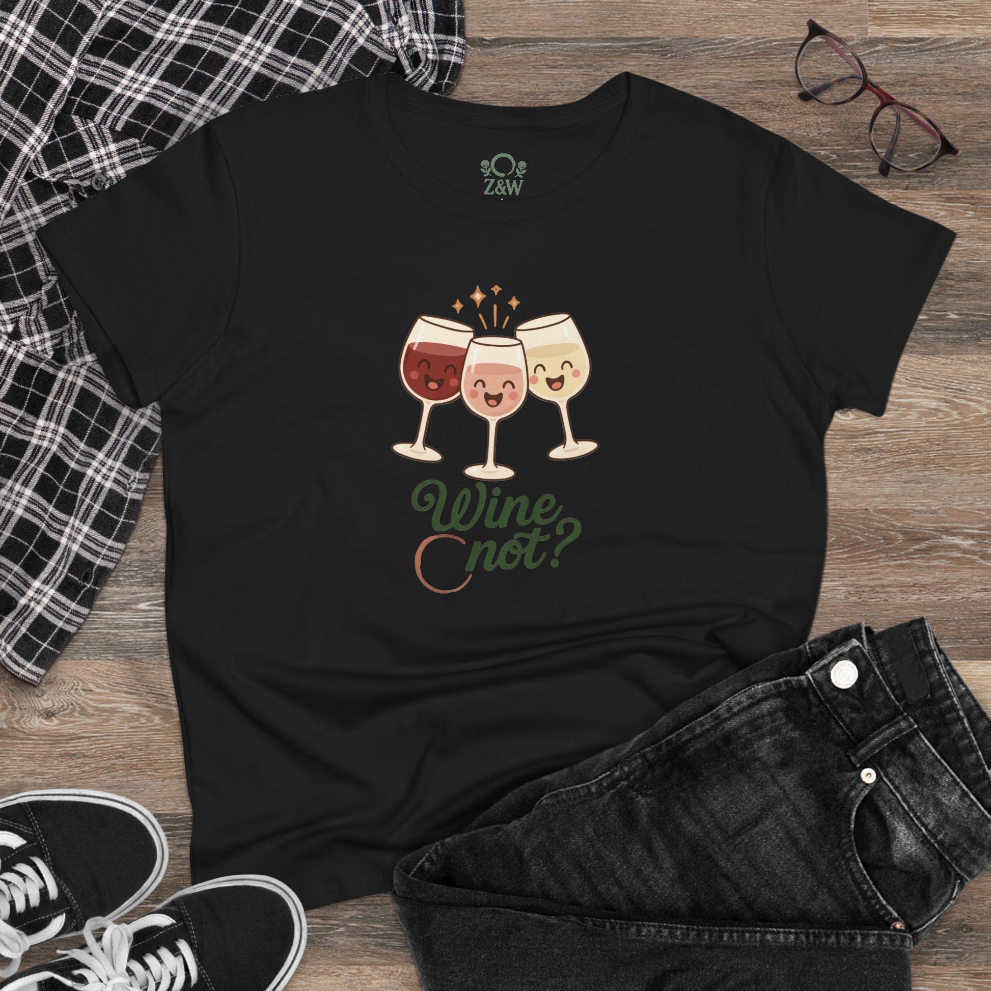 Stylish flat lay of the 'Wine Not Tee' with a playful wine glasses graphic, made of soft 100% ring-spun cotton, ideal for casual outings.