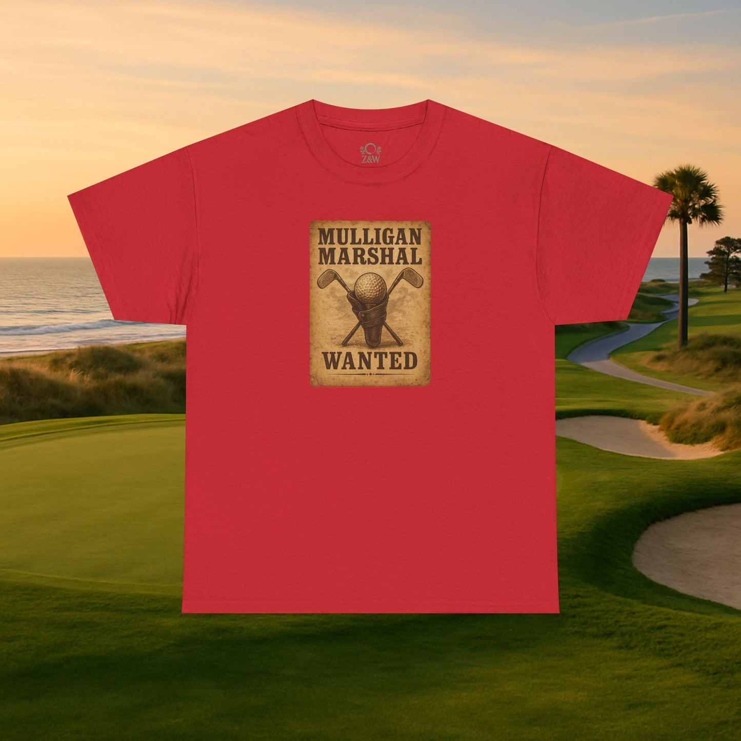 Funny Mulligan Marshal Wanted Golf Tee Shirt in vibrant red, perfect for casual summer wear for golf lovers.