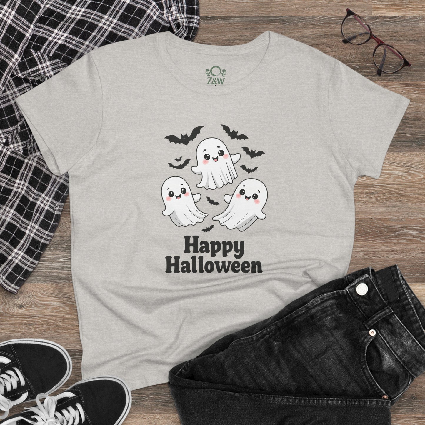 Cute Halloween Ghost T-Shirt for Kids & Adults, Unisex Spooky Tee displayed with casual outfit, featuring a charming ghost print, a must-have for Halloween.