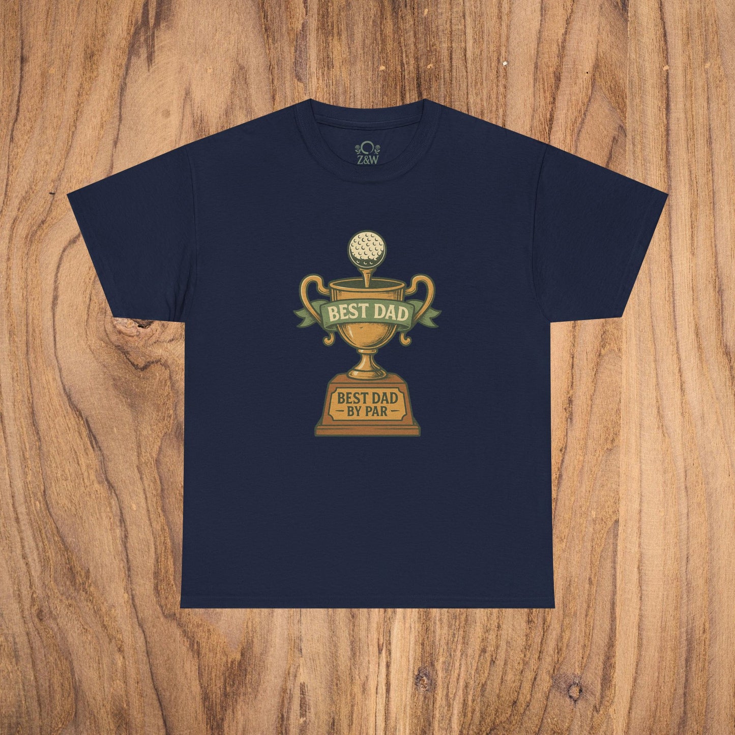 Best Dad Trophy T-Shirt in navy blue, featuring a delightful golf trophy illustration with 'Best Dad by Par', created from soft durable cotton for all-day comfort.