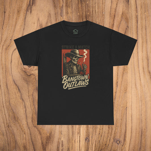 Bangtown Outlaws Retro Casual Party Shirt featuring a bold skull design with a cowboy hat, perfect for stylish gifting and fun events.