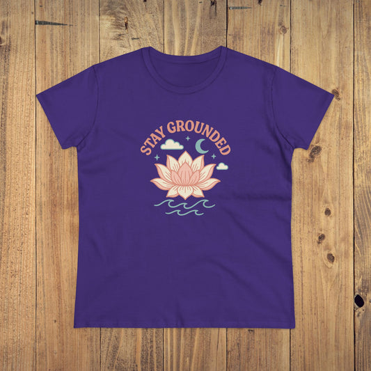 Stay Grounded Spiritual Tee - Rich purple crop top featuring a lotus flower graphic, ideal for sunny days and relaxed gatherings.
