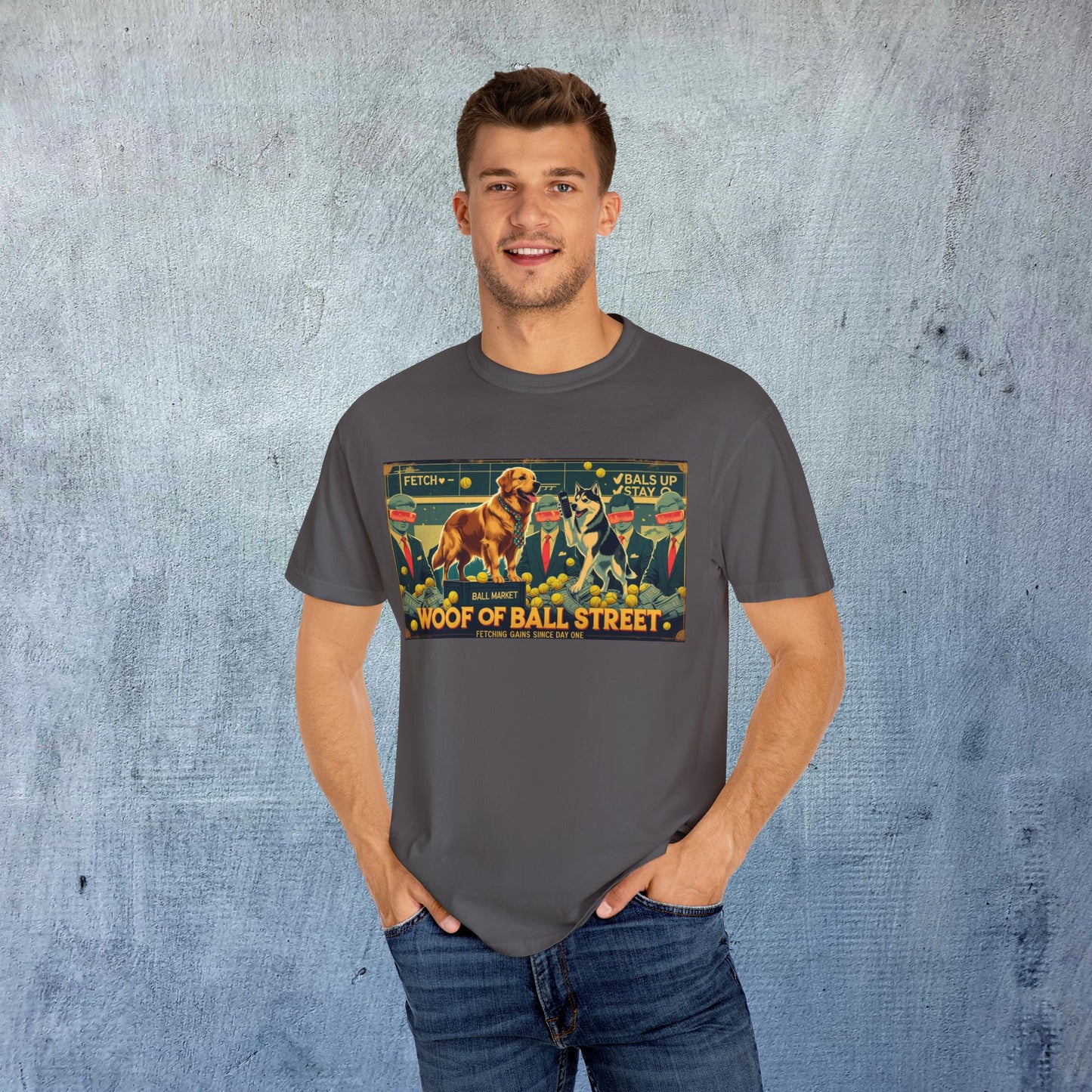 Model wearing the Sleek Woof of Ball Street T-Shirt, displaying a trendy design of dogs and whimsical elements. This 100% cotton tee offers ultimate comfort for casual outings.