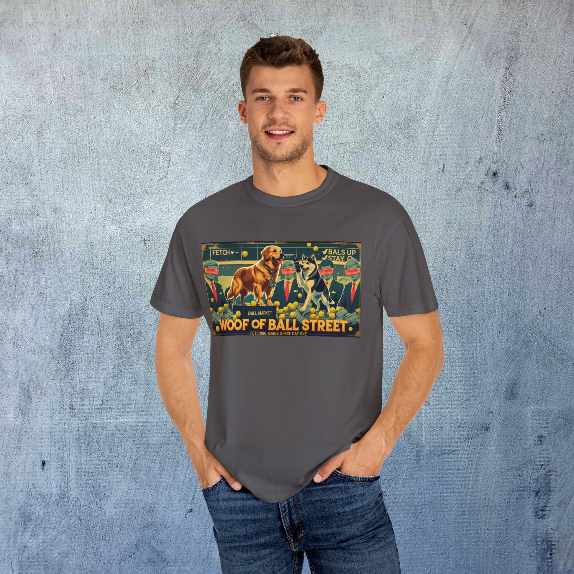 Model wearing the Sleek Woof of Ball Street T-Shirt, displaying a trendy design of dogs and whimsical elements. This 100% cotton tee offers ultimate comfort for casual outings.