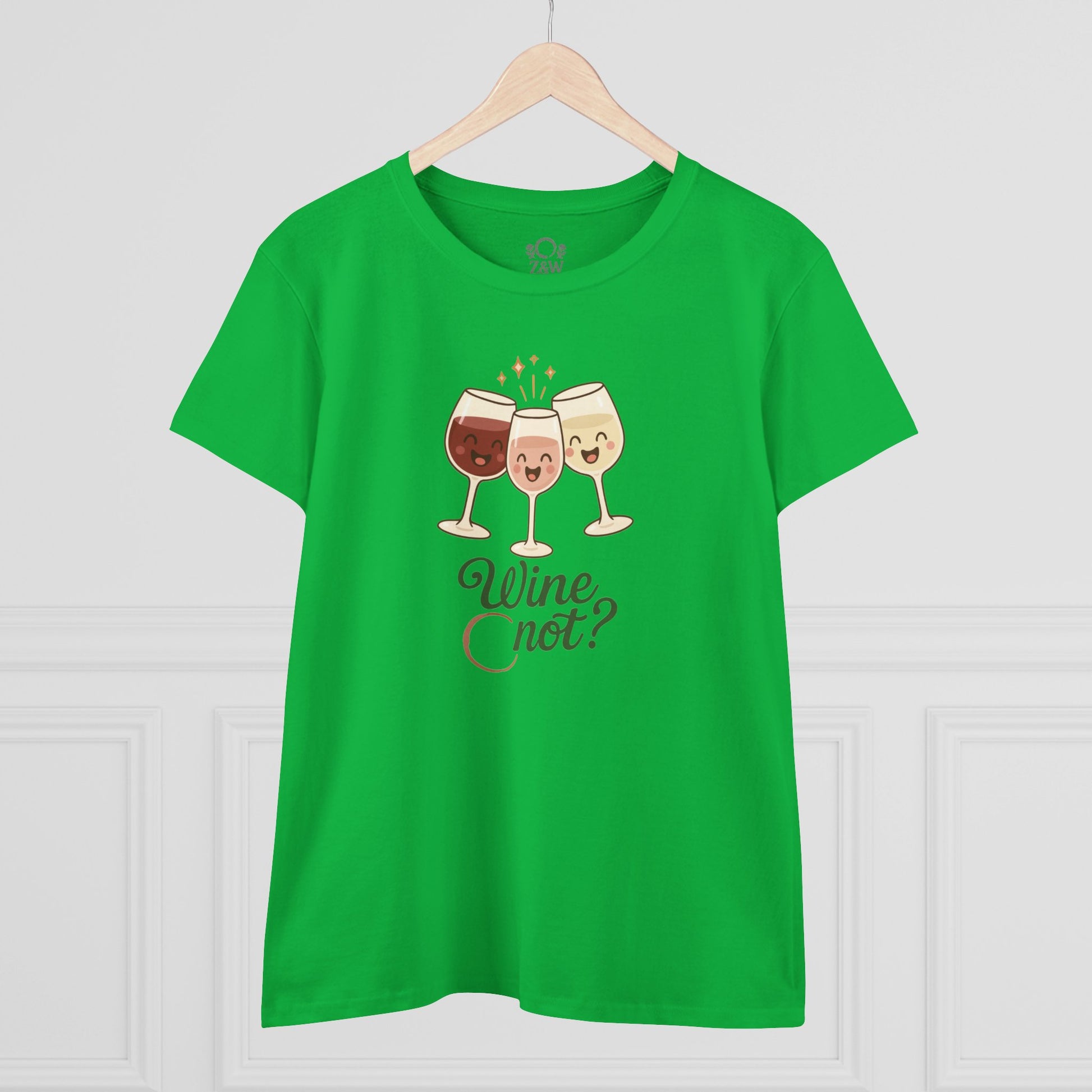 Front view of the Wine Not Tee in green, adorned with three playful wine glasses and the phrase 'Wine not?', made from ethically produced cotton.