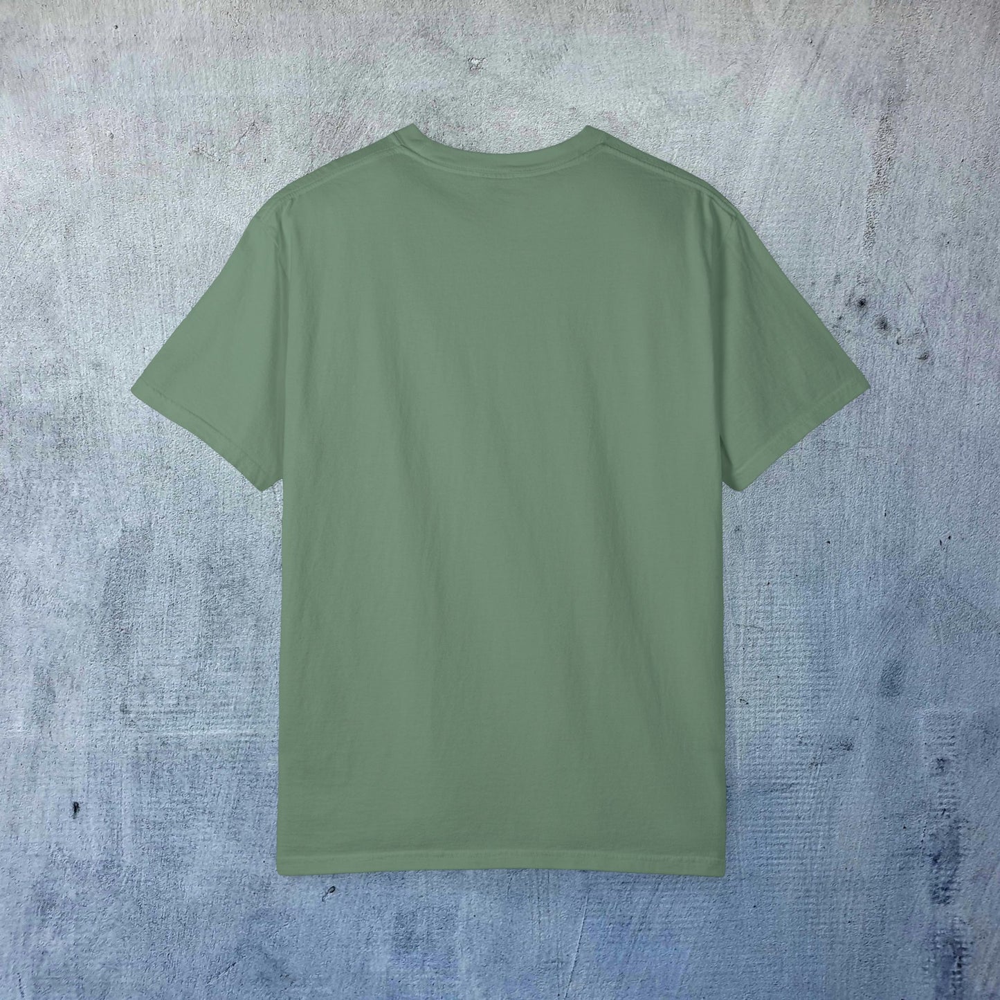 Back view of the Sleek Woof of Ball Street T-Shirt in sage green, illustrating the shirt's comfortable fit and quality fabric.