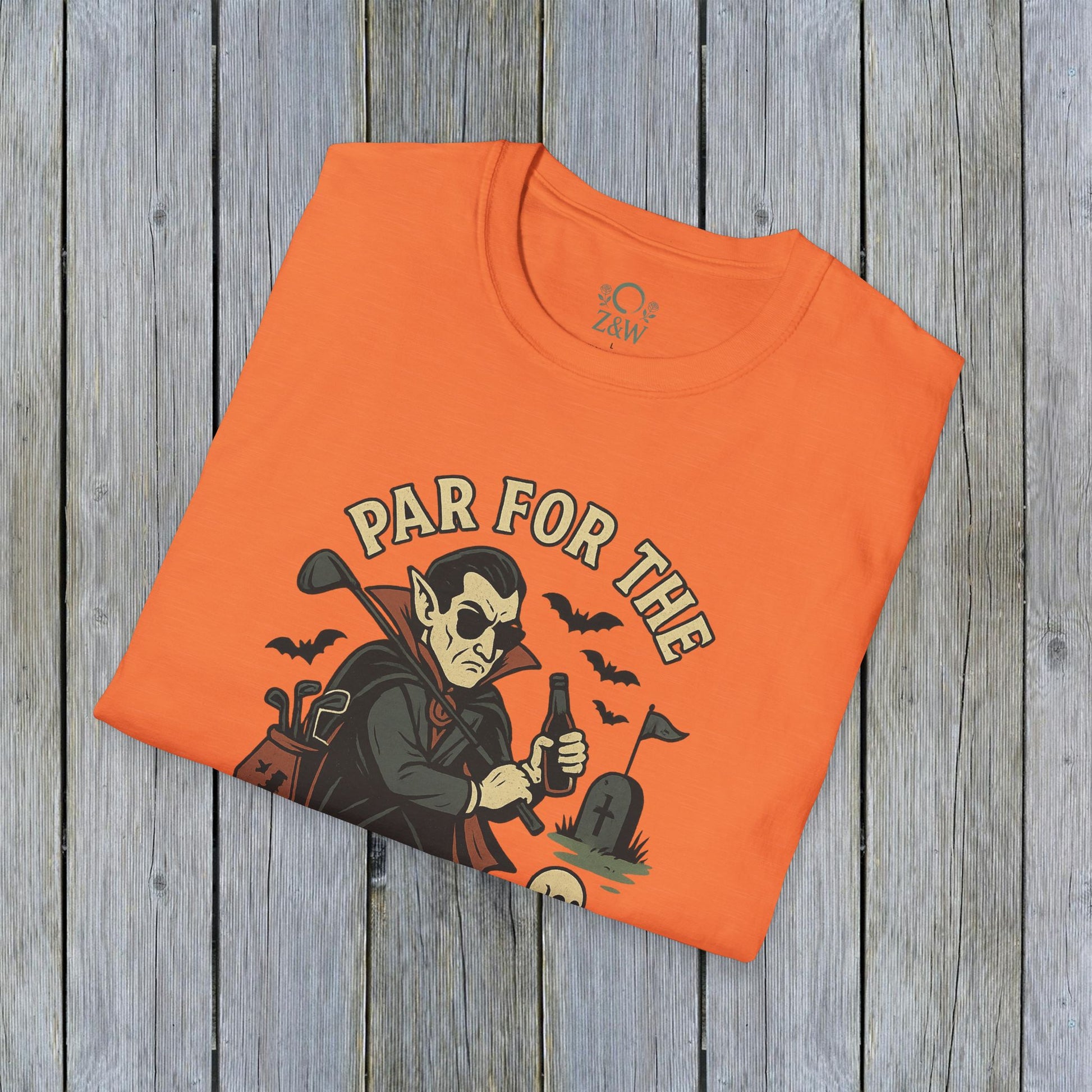 Vibrant orange Funny Halloween Unisex T-Shirt featuring 'Par For The Curse' graphic design, perfect for autumn celebrations.