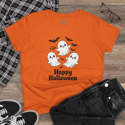 Cute Halloween Ghost T-Shirt for Kids & Adults, Unisex Spooky Tee in vibrant orange featuring cheerful ghosts and bats, perfect for Halloween festivities and casual wear.